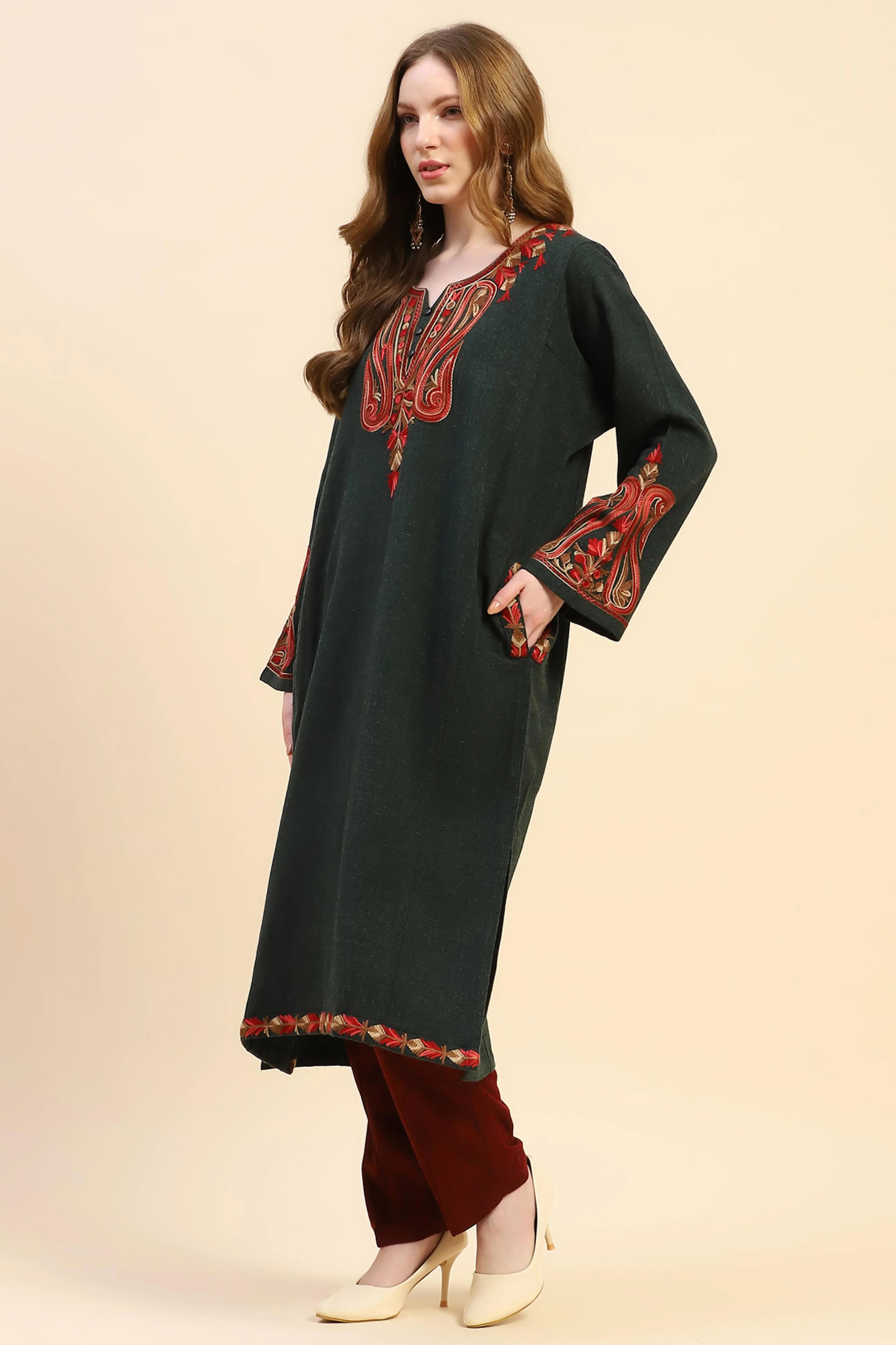 Olive Woolen Thread Embroidered Notch Neck Kurta - Global Republic