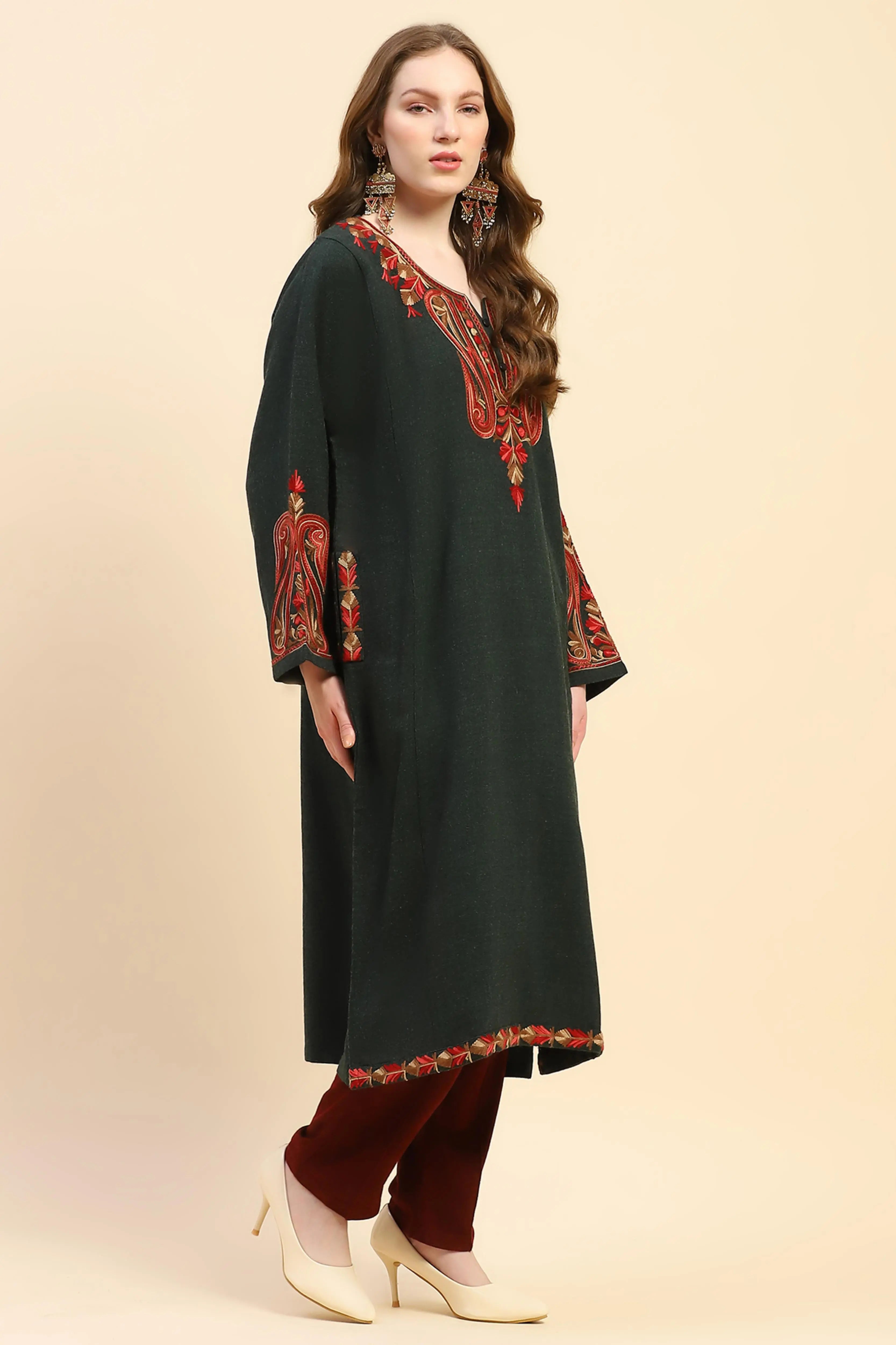 Olive Woolen Thread Embroidered Notch Neck Kurta - Global Republic