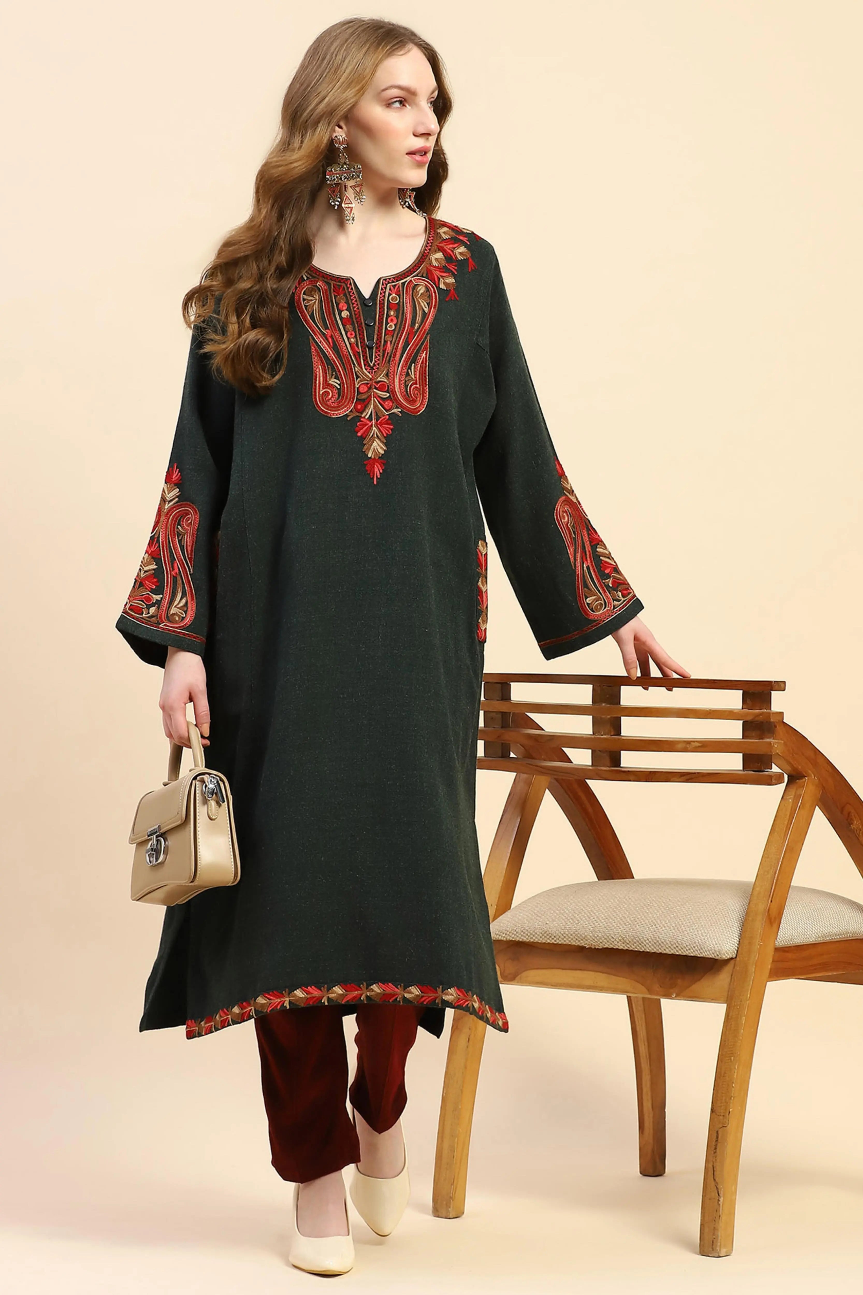 Olive Woolen Thread Embroidered Notch Neck Kurta - Global Republic