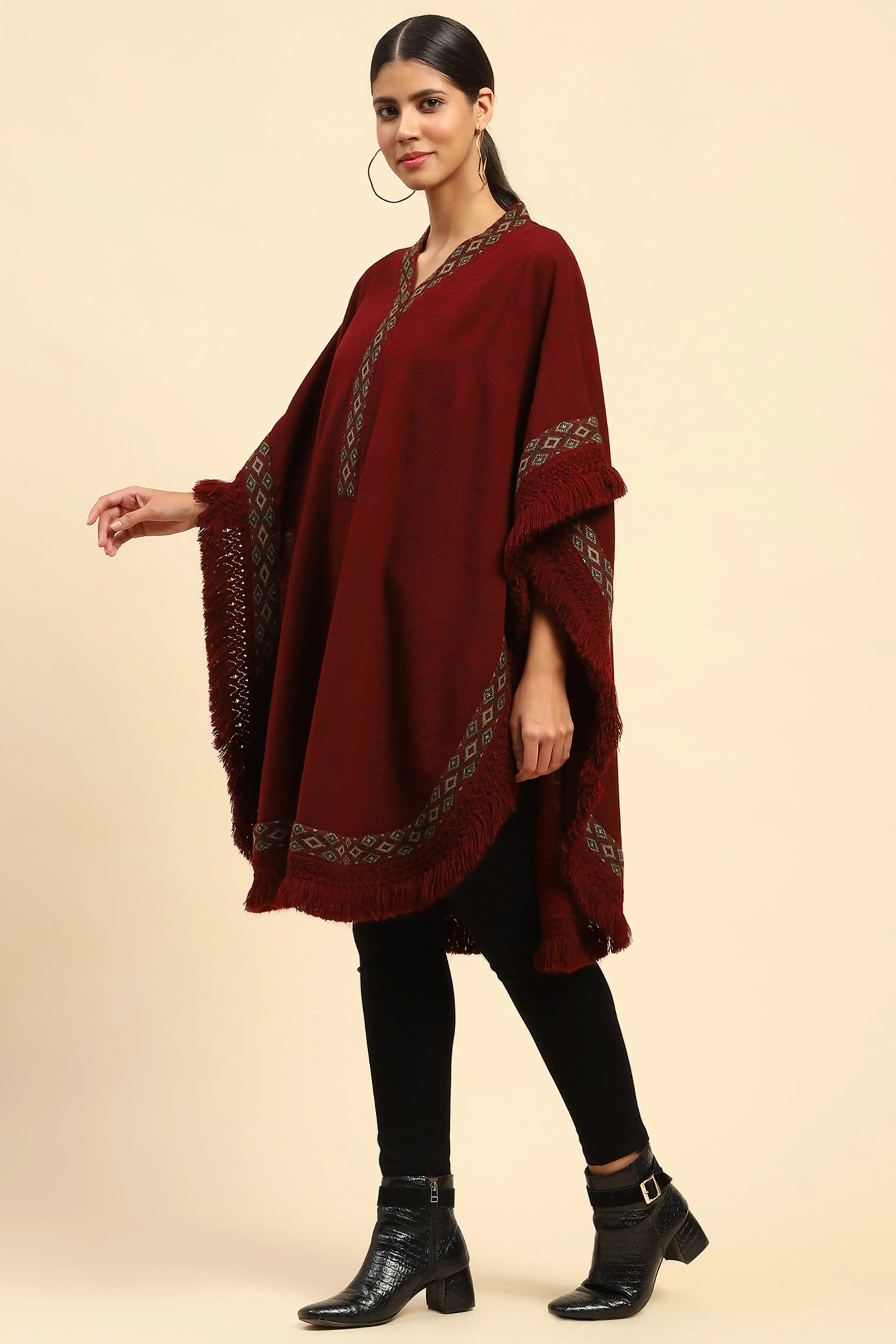 Maroon Woolen Embroidered Cape