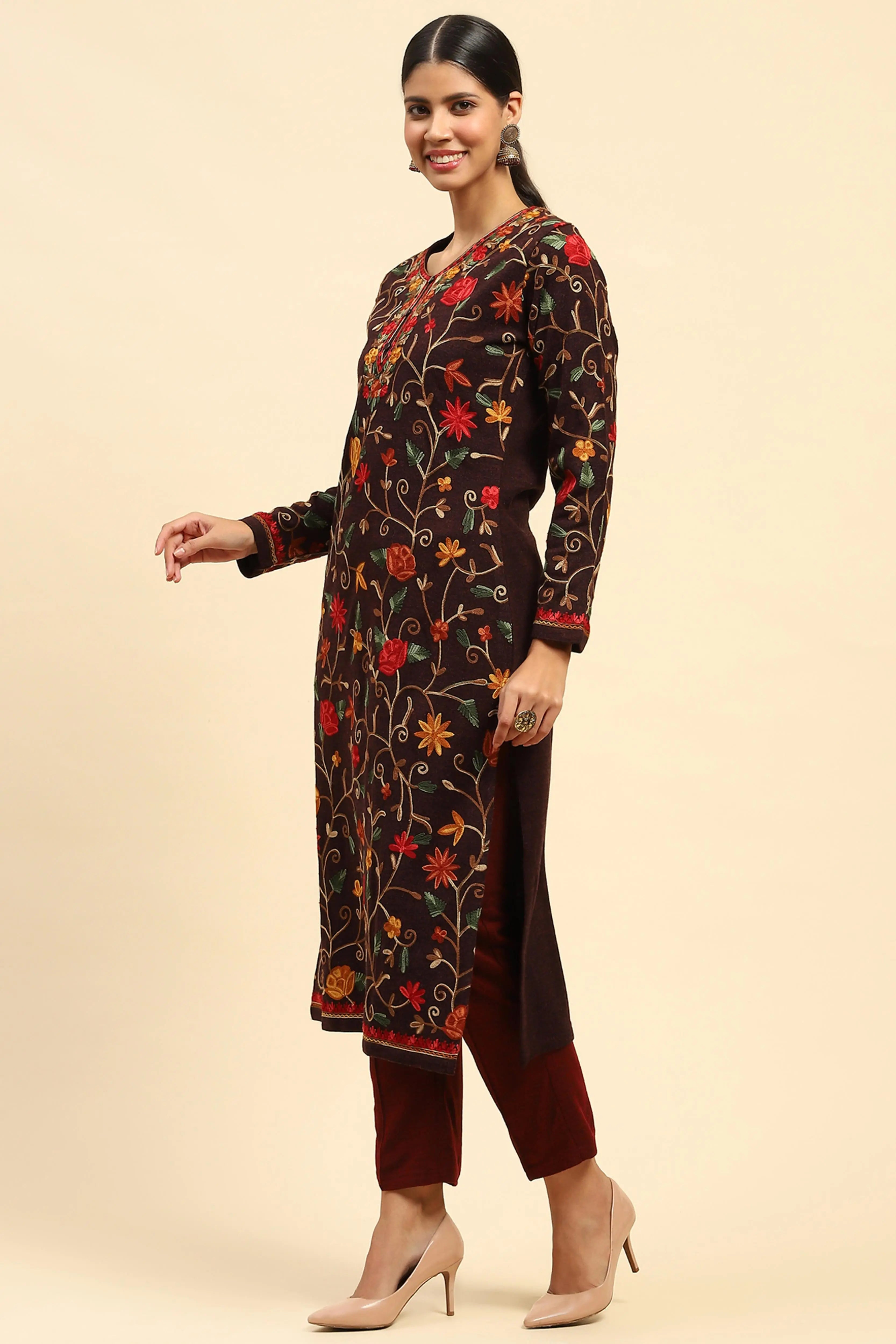 Wine Woolen Thread Embroidered Round Neck Kurta - Global Republic