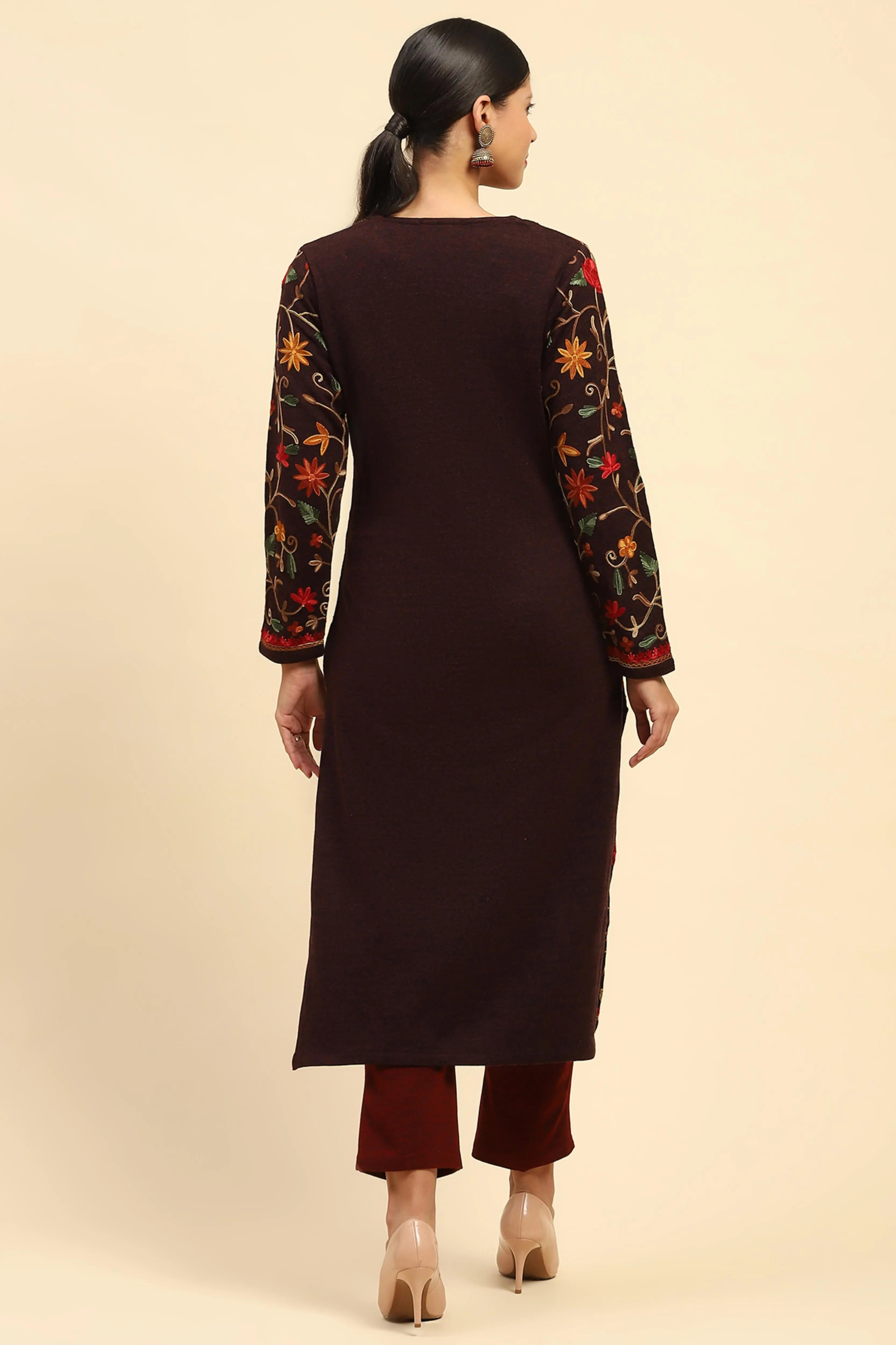 Wine Woolen Thread Embroidered Round Neck Kurta - Global Republic