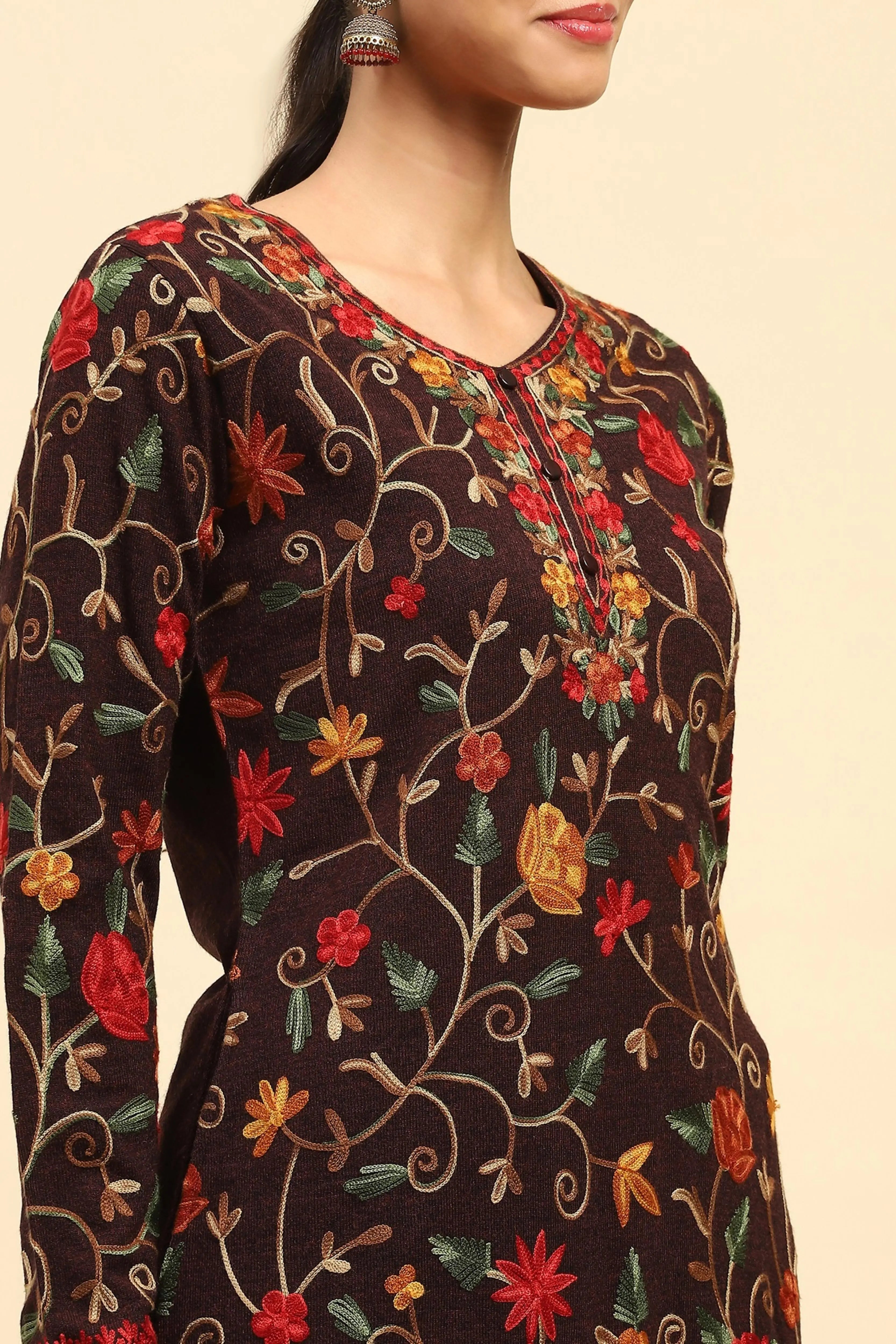 Wine Woolen Thread Embroidered Round Neck Kurta - Global Republic