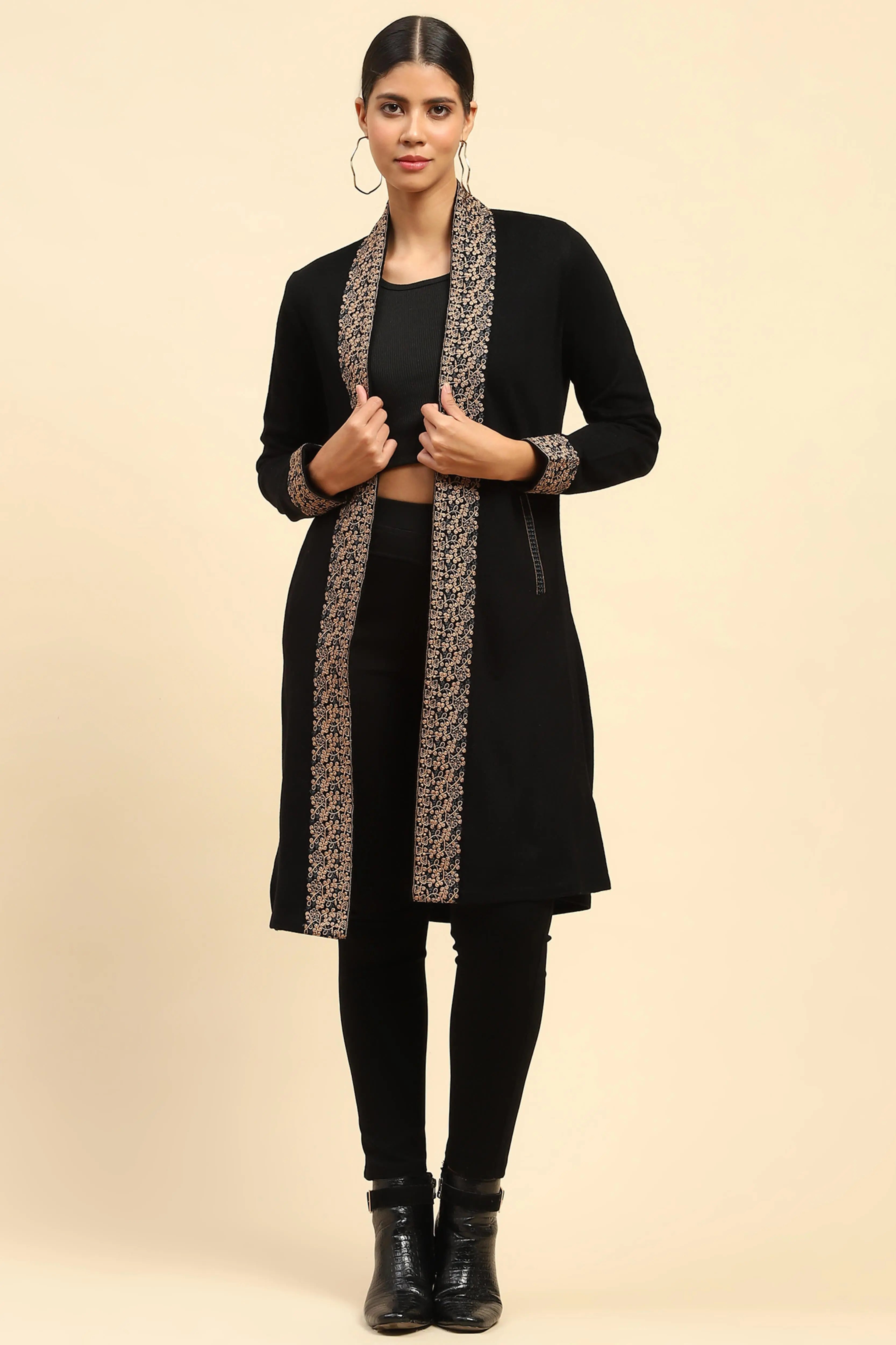 Black Woolen Thread Embroidered Front Open Ethnic Shrug - Global Republic