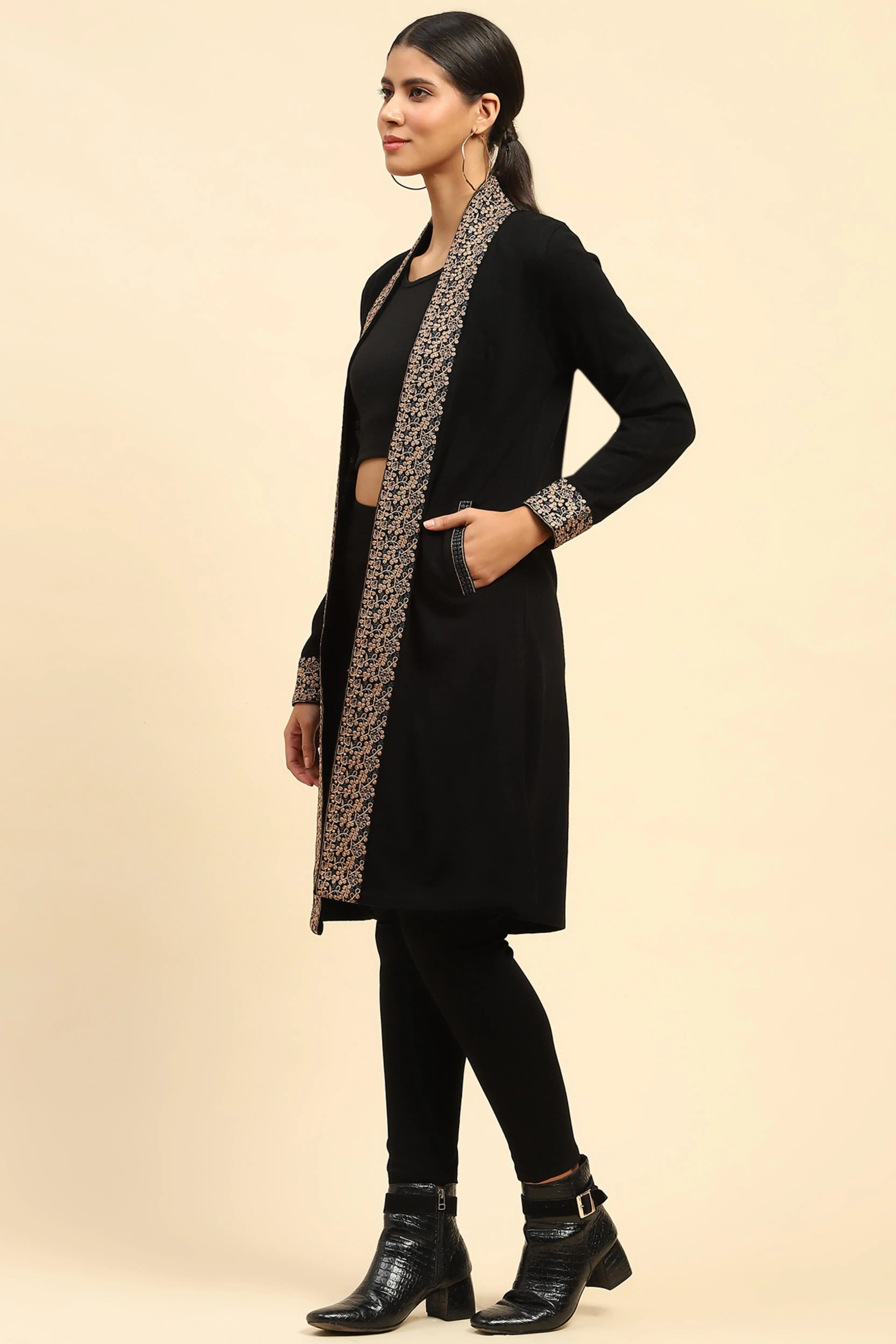 Black Woolen Thread Embroidered Front Open Ethnic Shrug - Global Republic