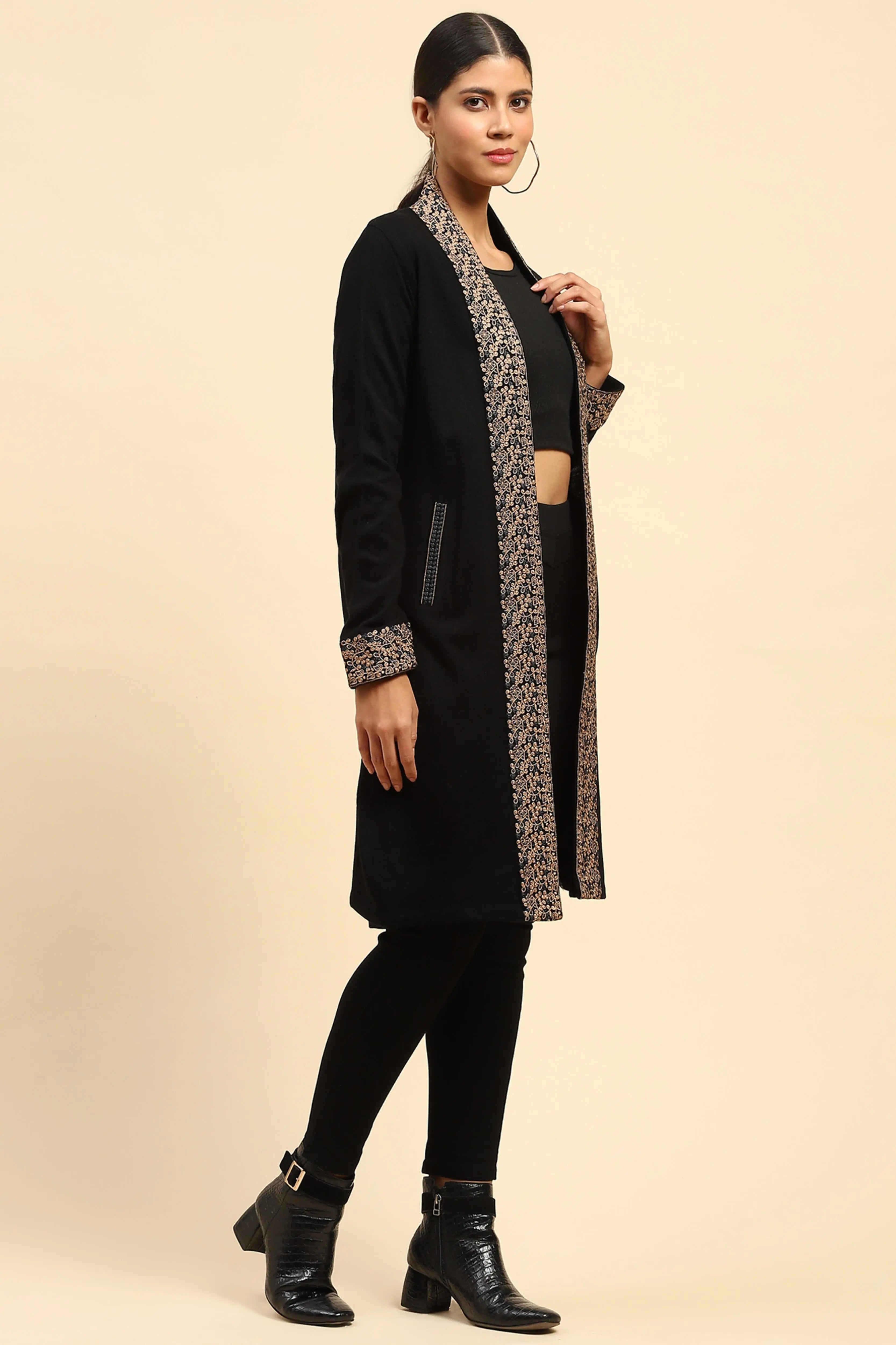 Black Woolen Thread Embroidered Front Open Ethnic Shrug - Global Republic