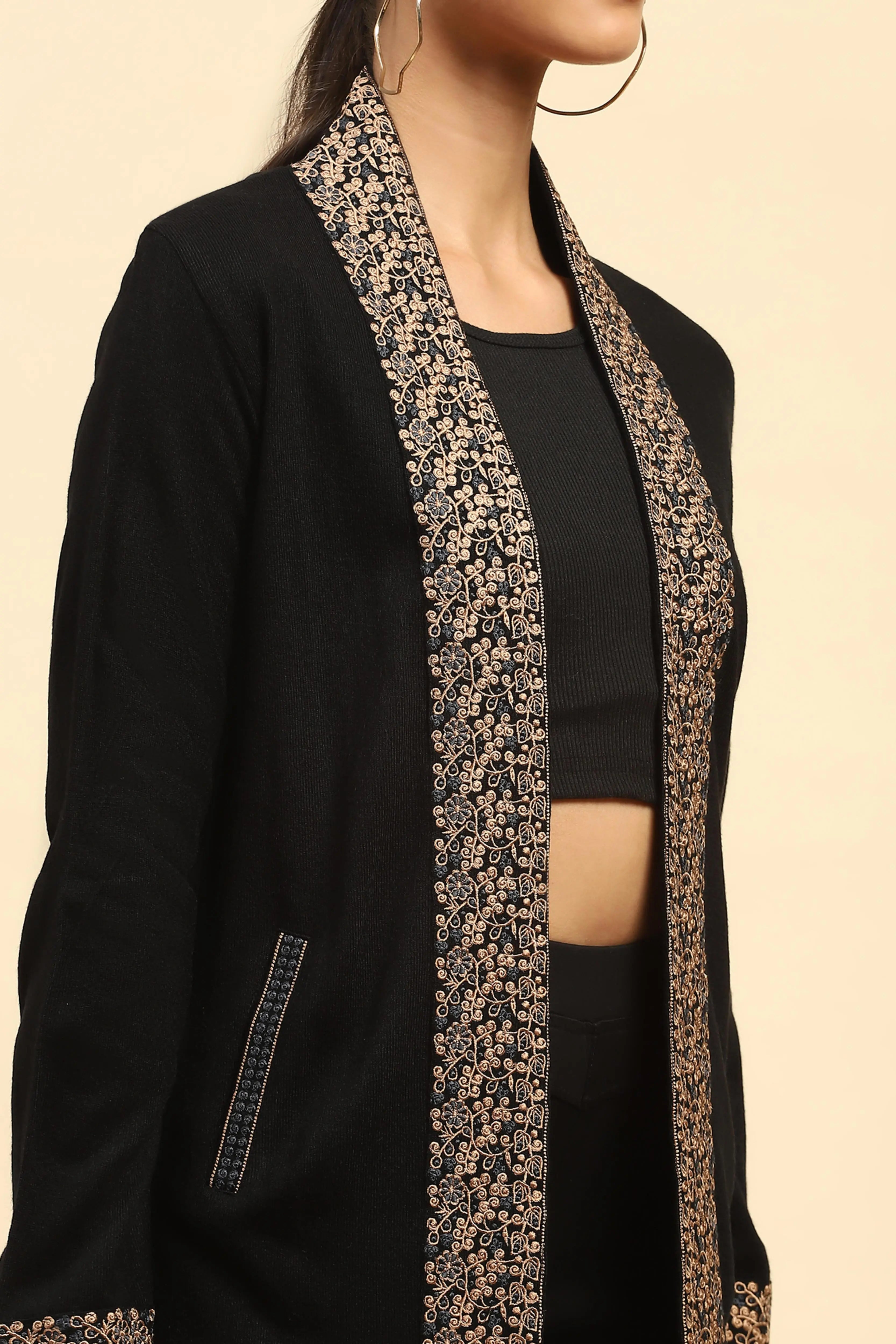 Black Woolen Thread Embroidered Front Open Ethnic Shrug - Global Republic