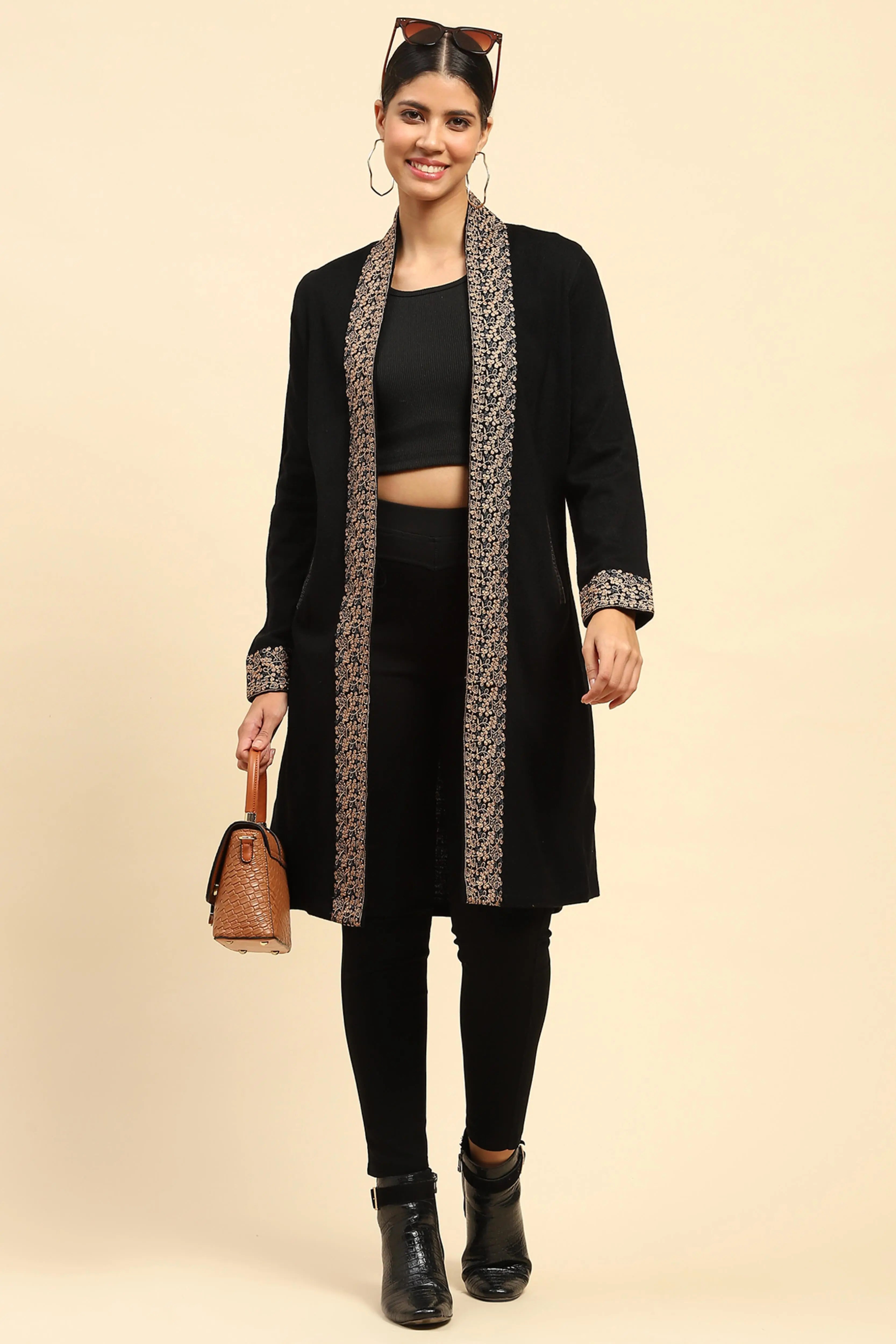 Black Woolen Thread Embroidered Front Open Ethnic Shrug - Global Republic
