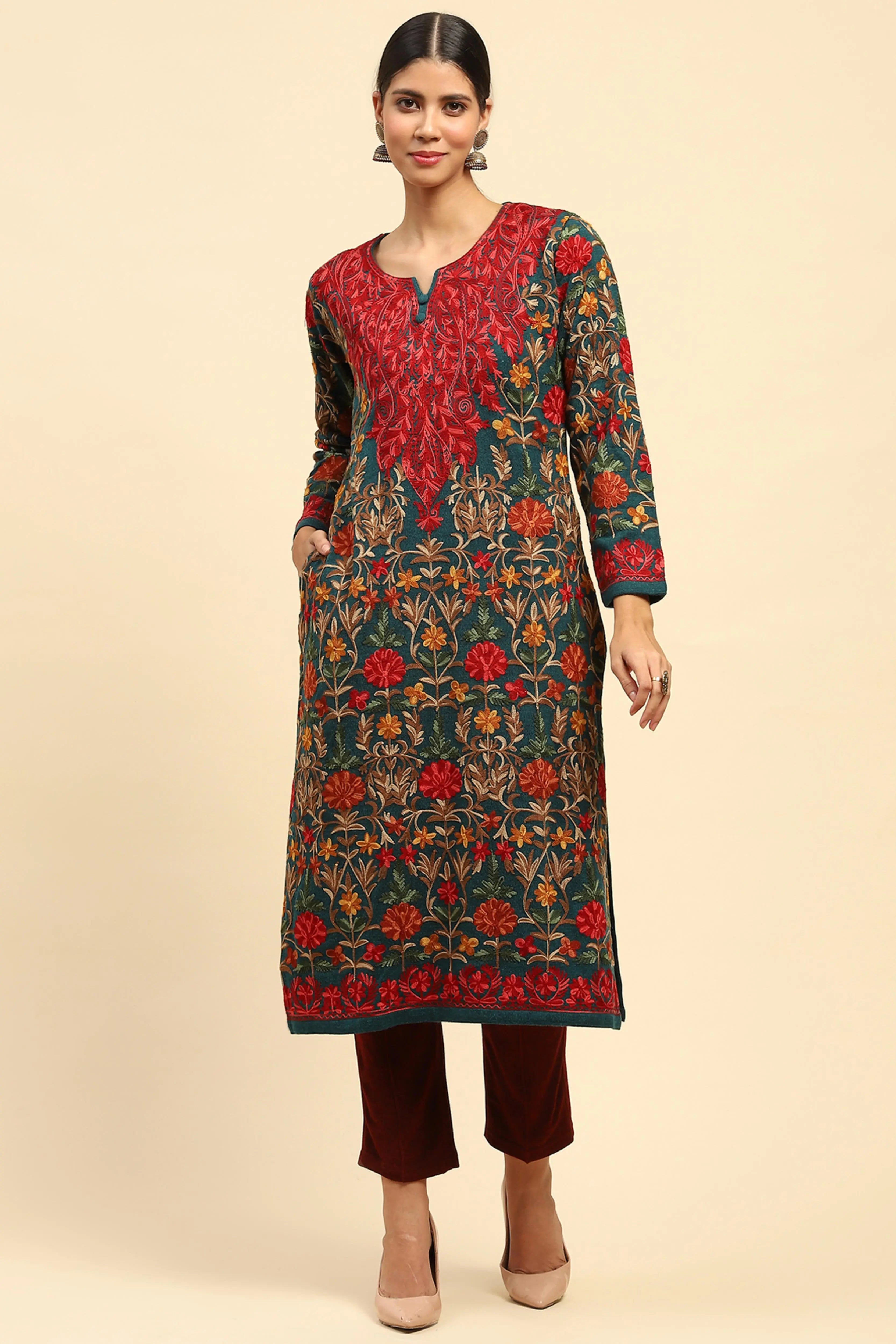 Rama Green Thread Woolen Embroidered Notch Neck Kurta - Global Republic
