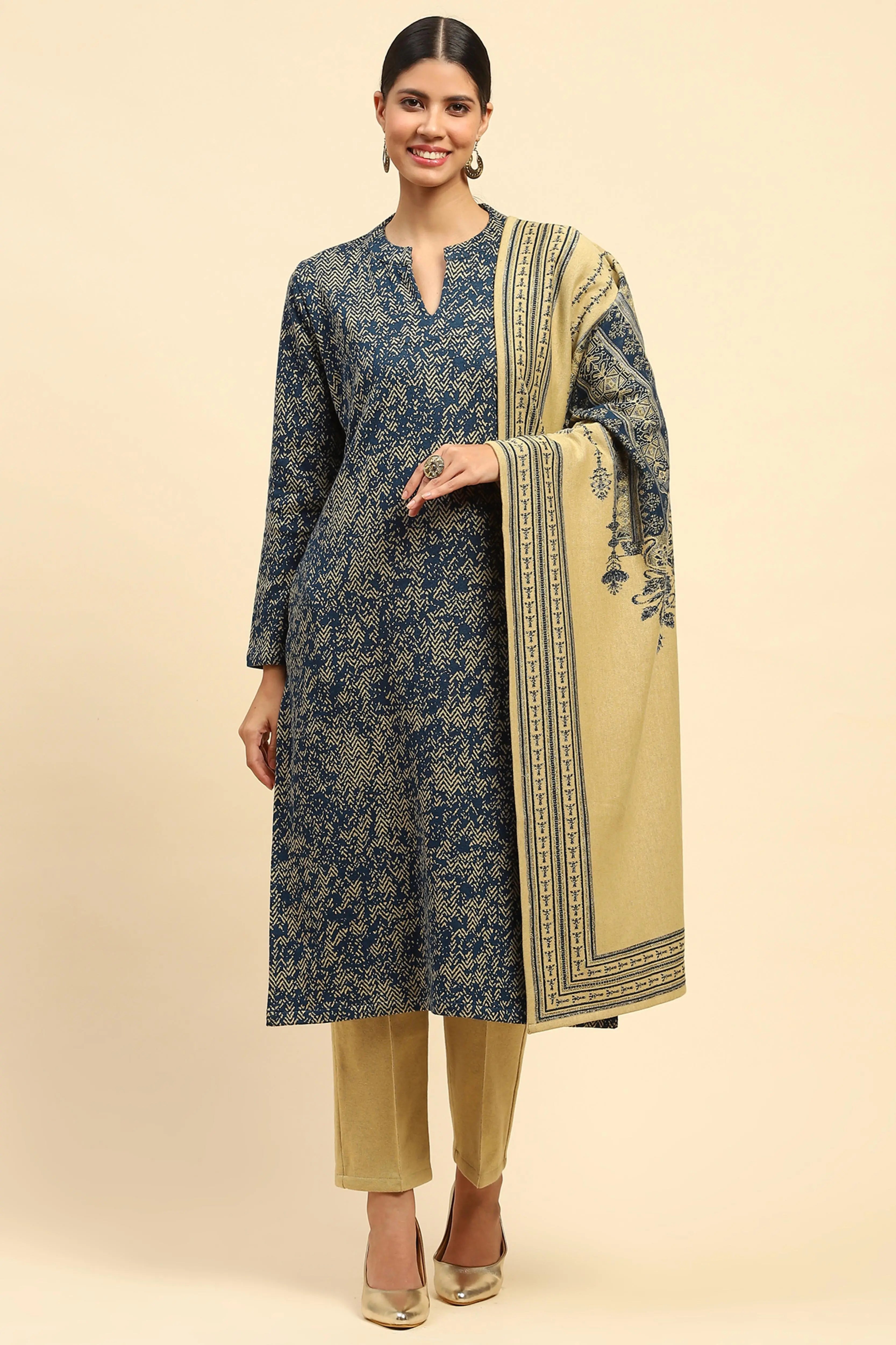 Blue and Beige Woolen Kurta Bottom Set With Dupatta For Winter - Global Republic