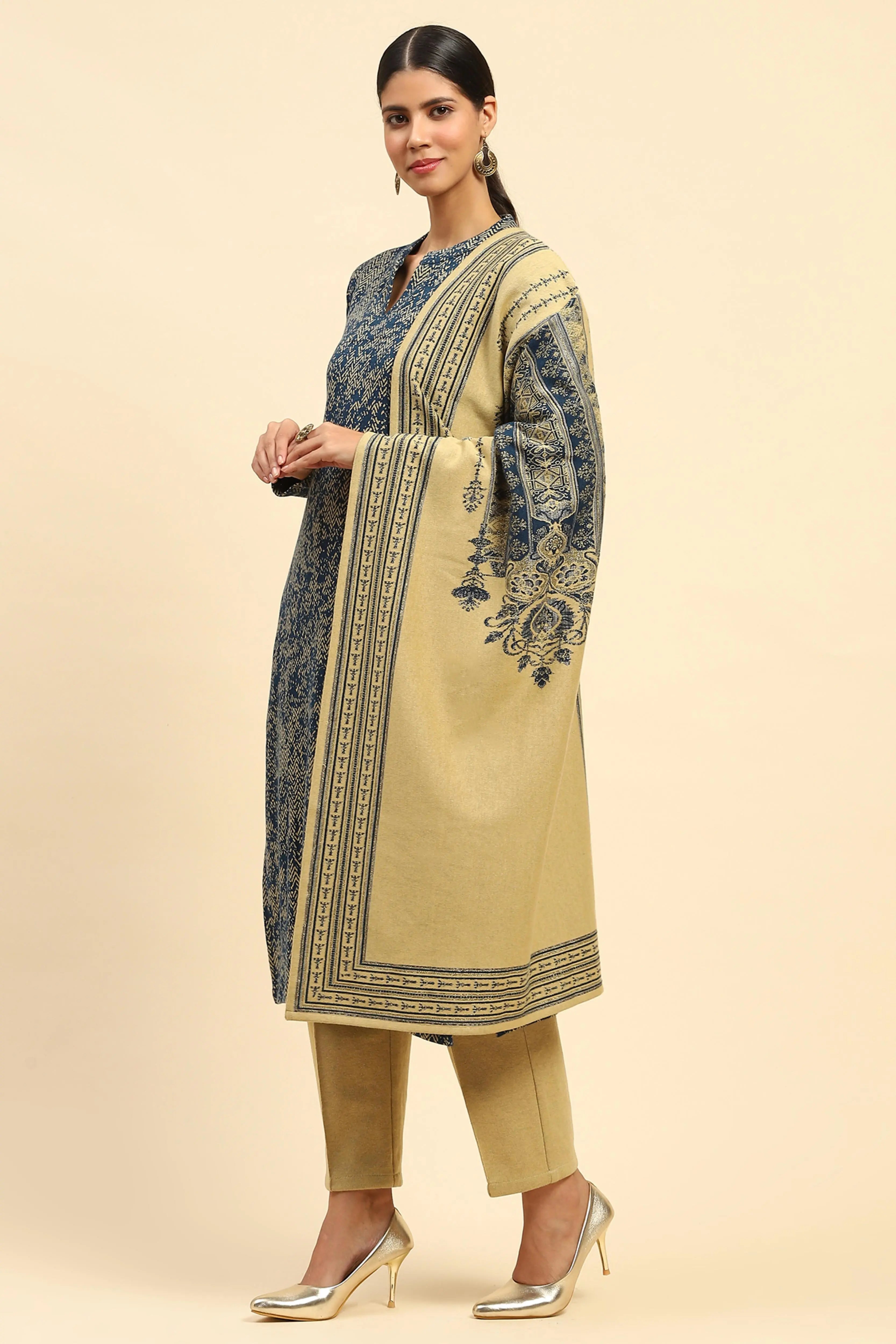 Blue and Beige Woolen Kurta Bottom Set With Dupatta For Winter - Global Republic