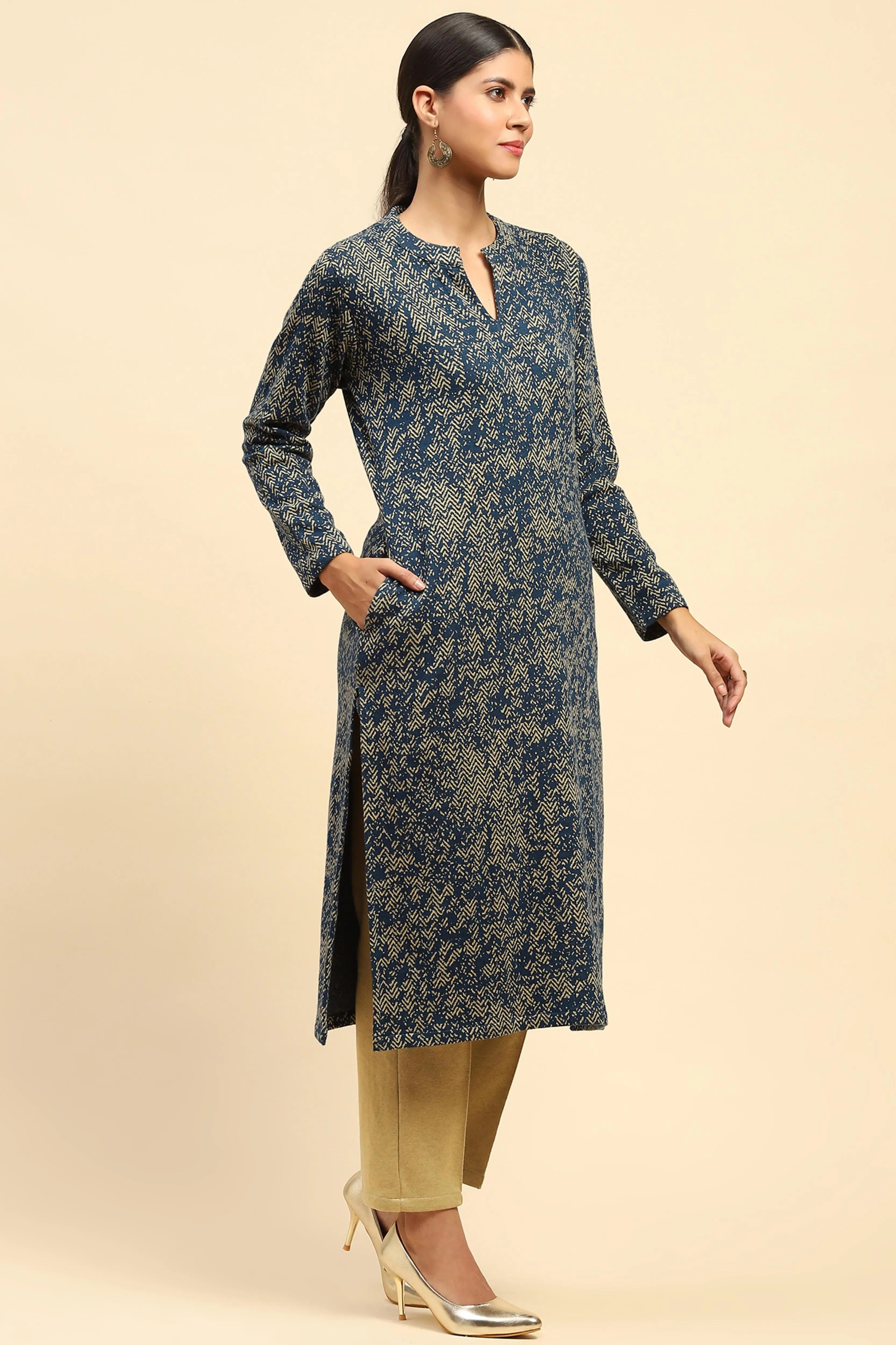 Blue and Beige Woolen Kurta Bottom Set With Dupatta For Winter - Global Republic