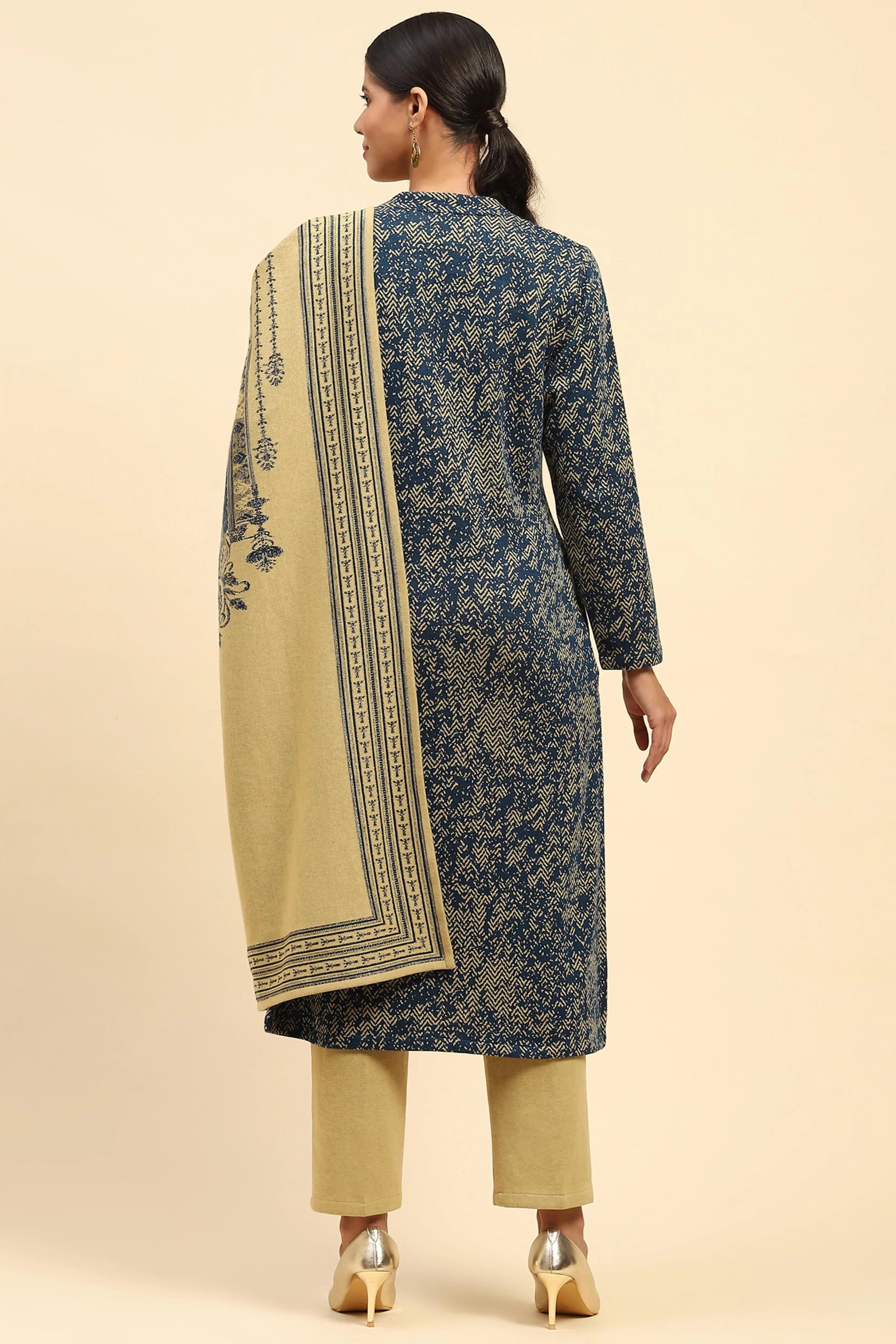 Blue and Beige Woolen Kurta Bottom Set With Dupatta For Winter - Global Republic