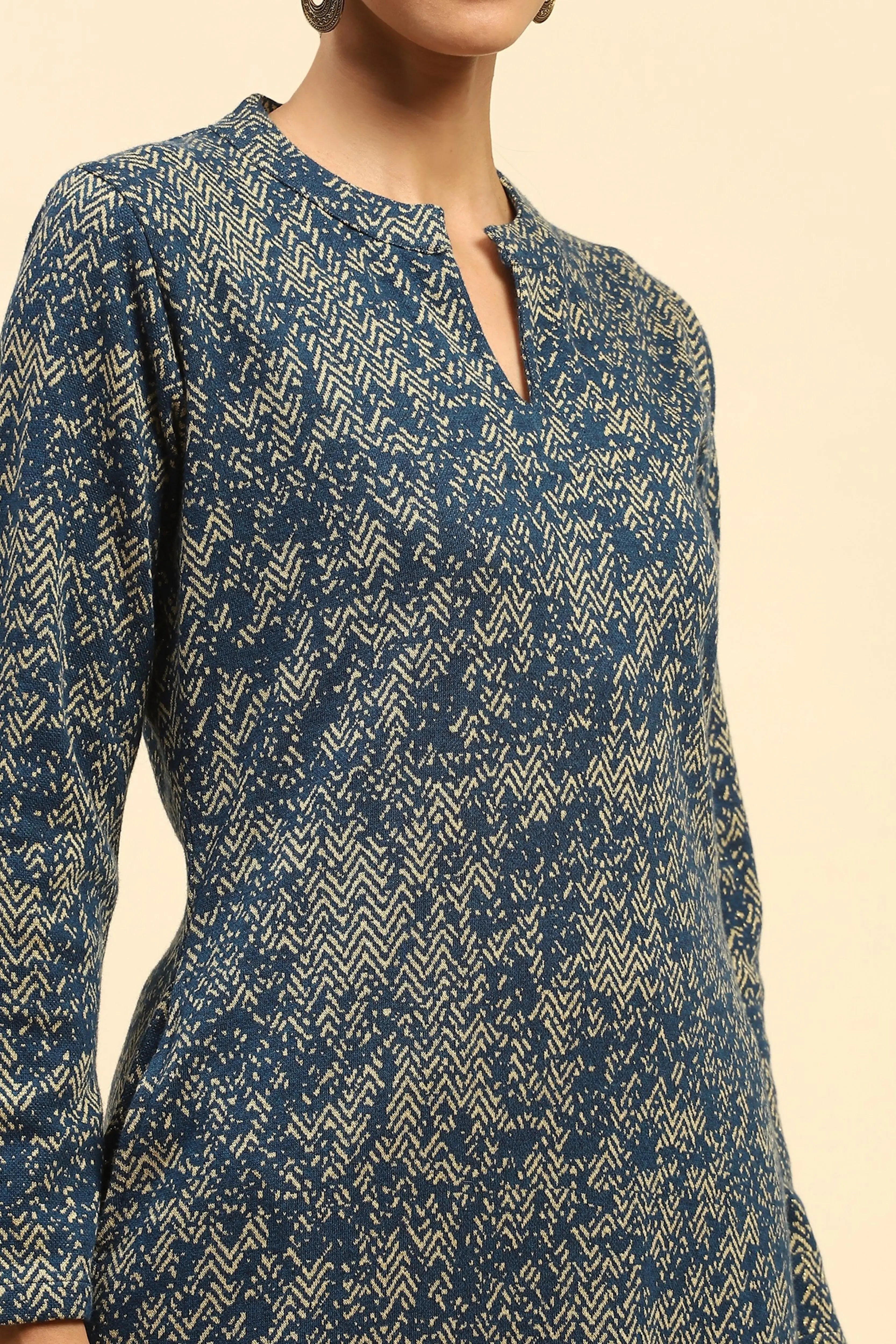 Blue and Beige Woolen Kurta Bottom Set With Dupatta For Winter - Global Republic