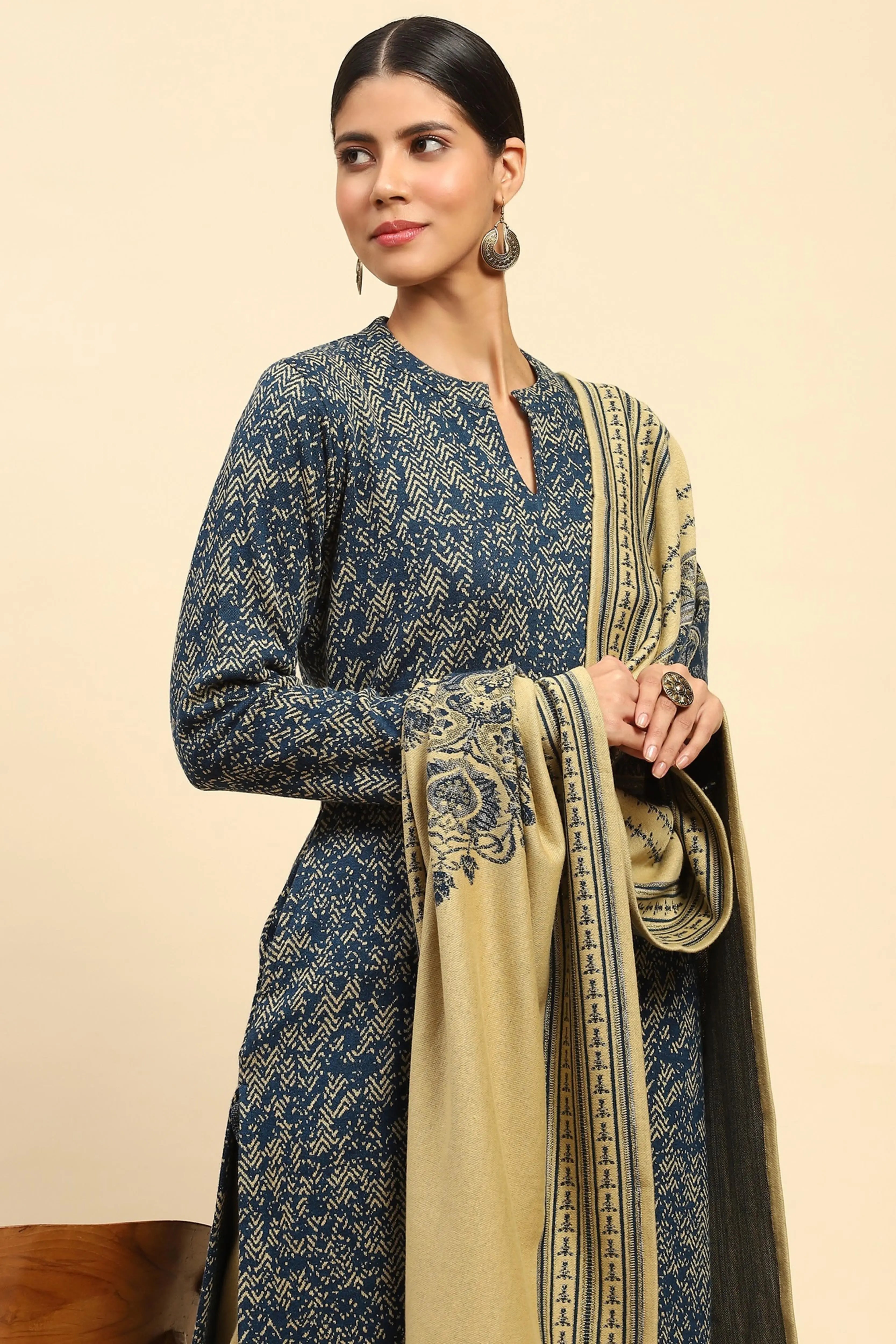 Blue and Beige Woolen Kurta Bottom Set With Dupatta For Winter - Global Republic