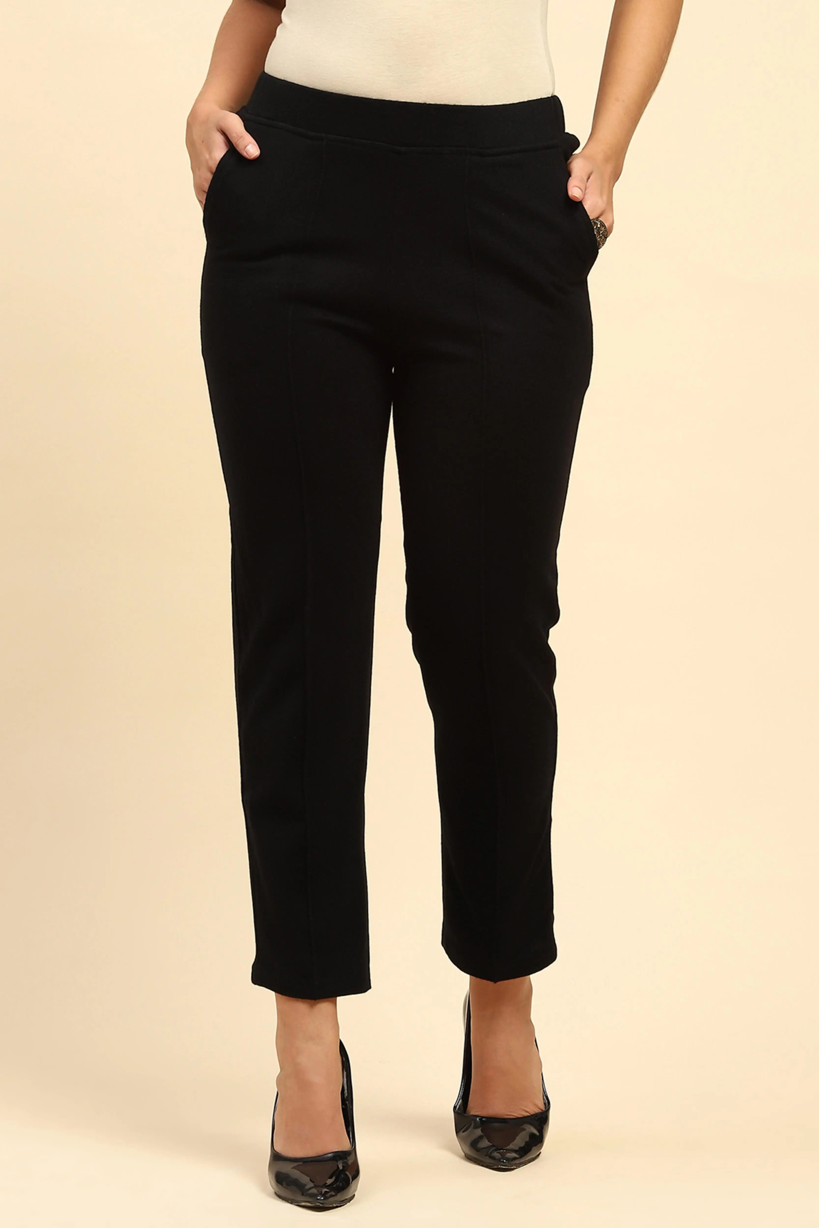 Black Woolen Solid Pant For Winter - Global Republic