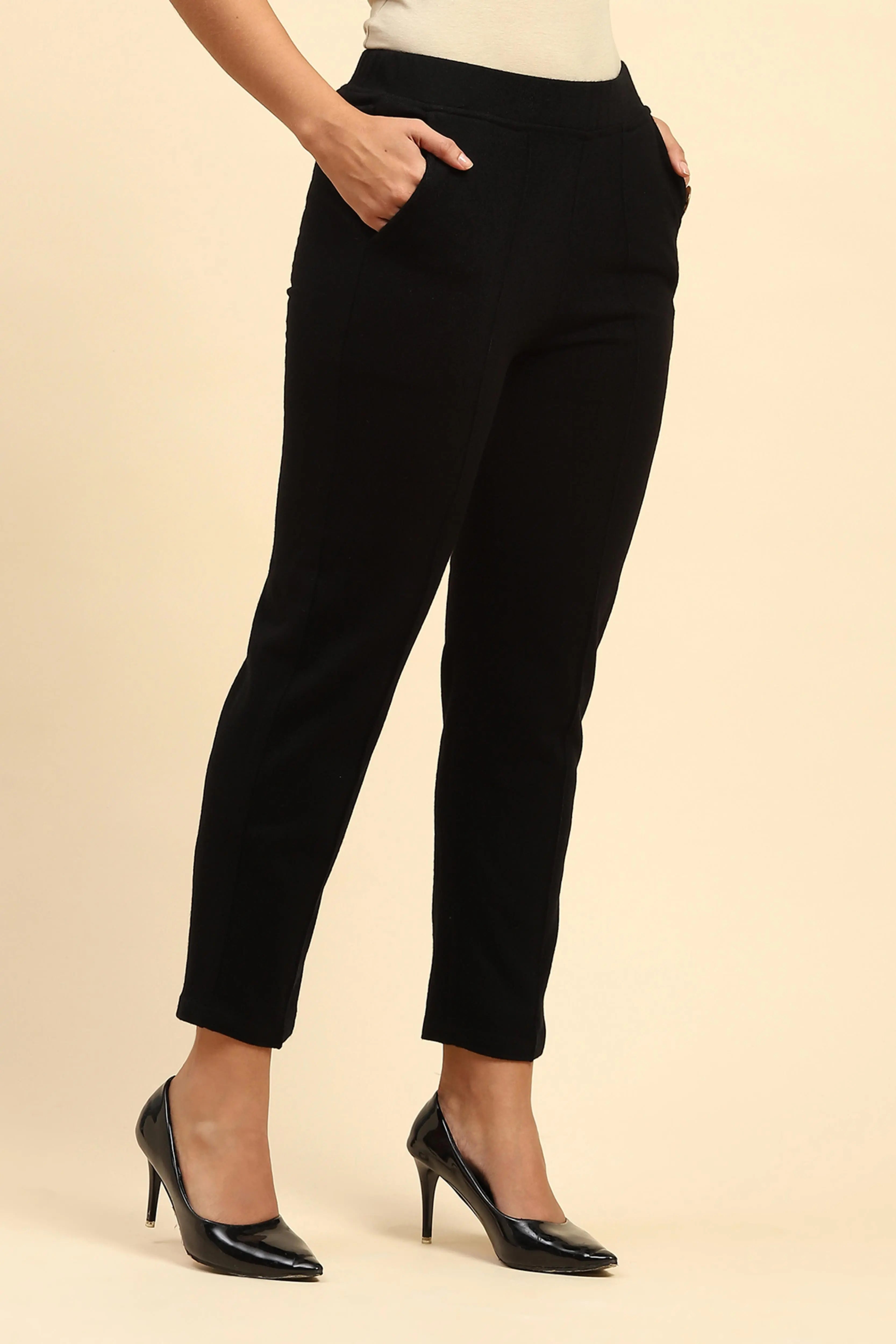 Black Woolen Solid Pant For Winter - Global Republic