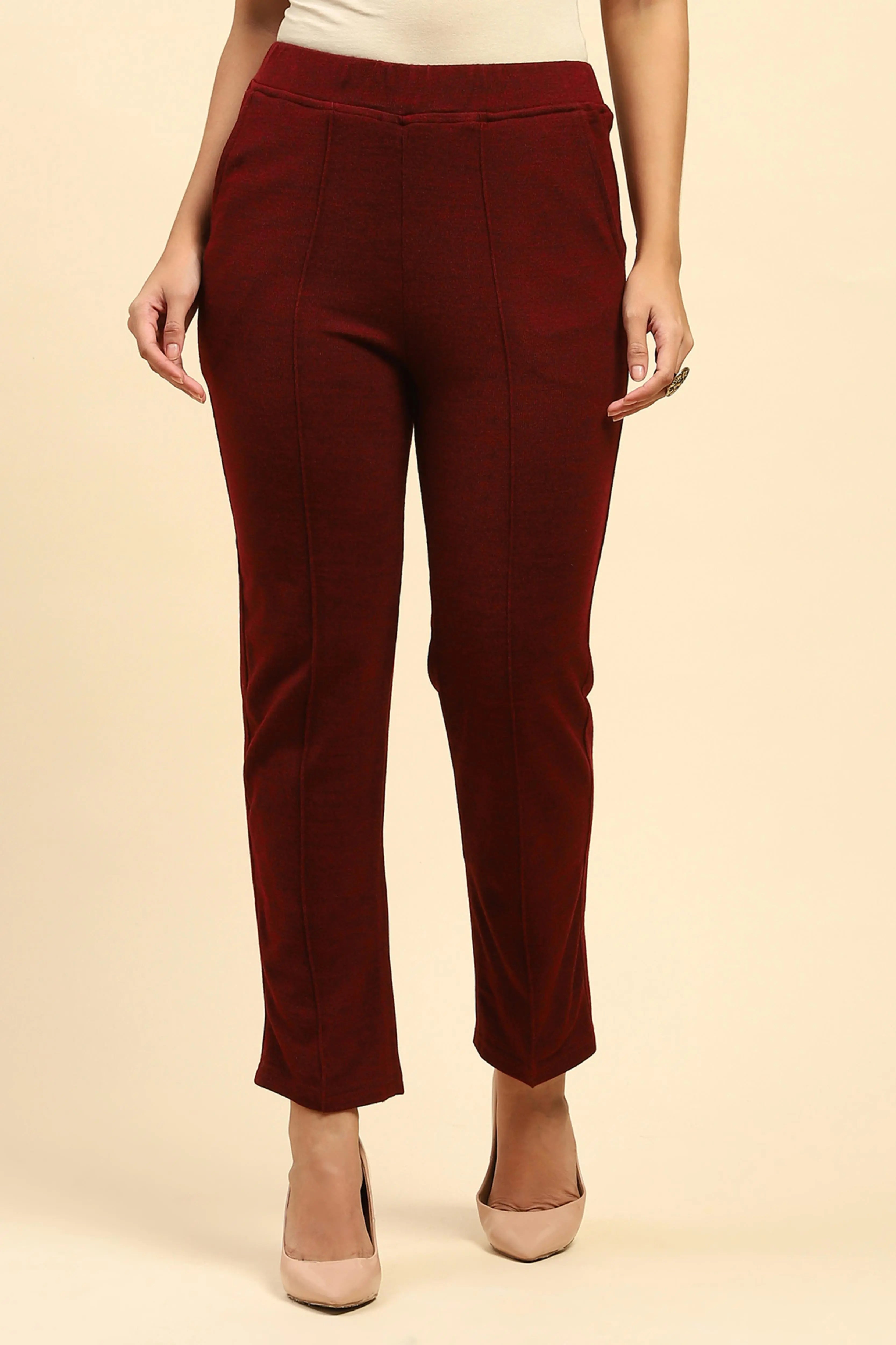 Dark Maroon Woolen Solid Pant For Winter - Global Republic