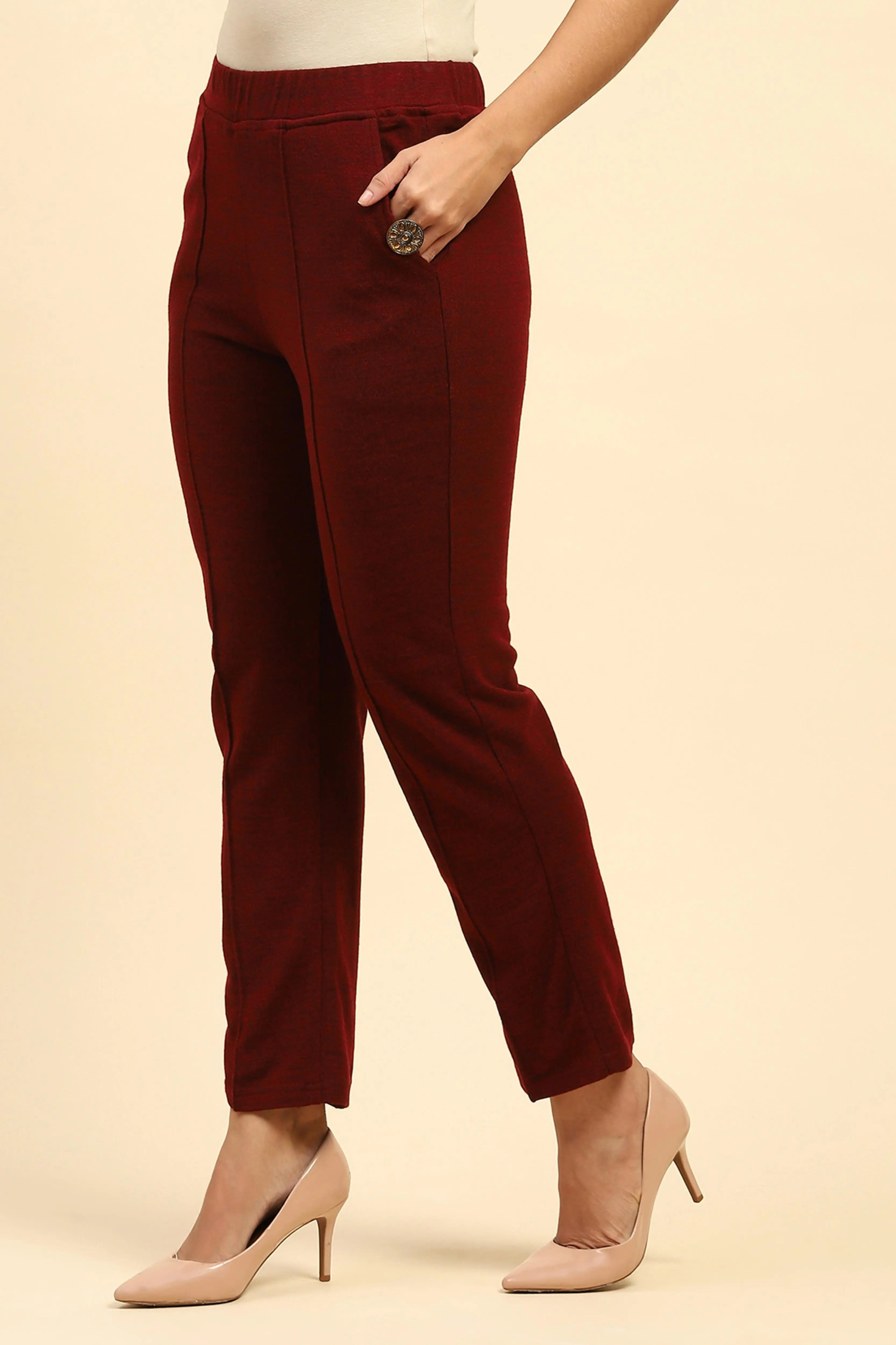 Dark Maroon Woolen Solid Pant For Winter - Global Republic