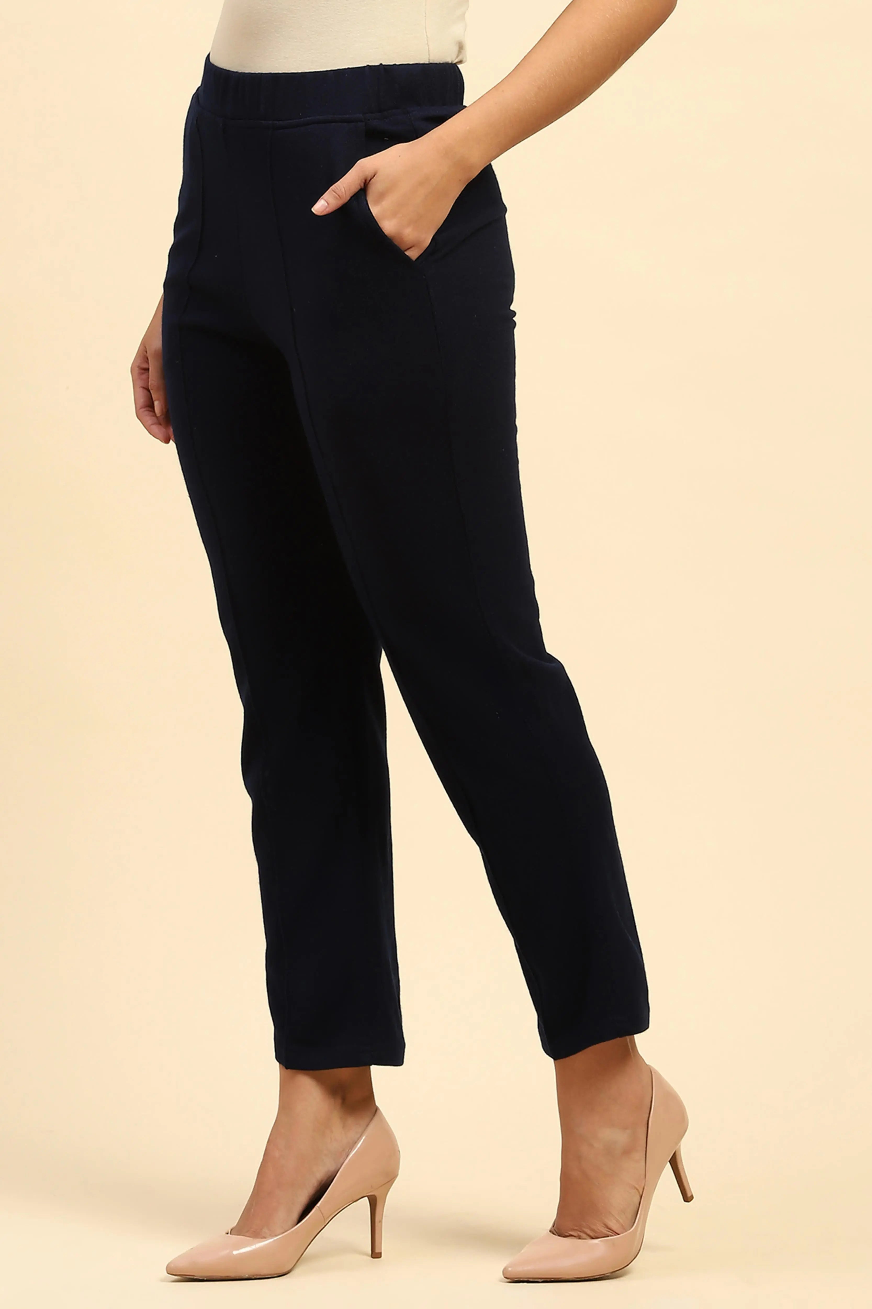 Navy Blue Woolen Solid Pant For Winter - Global Republic