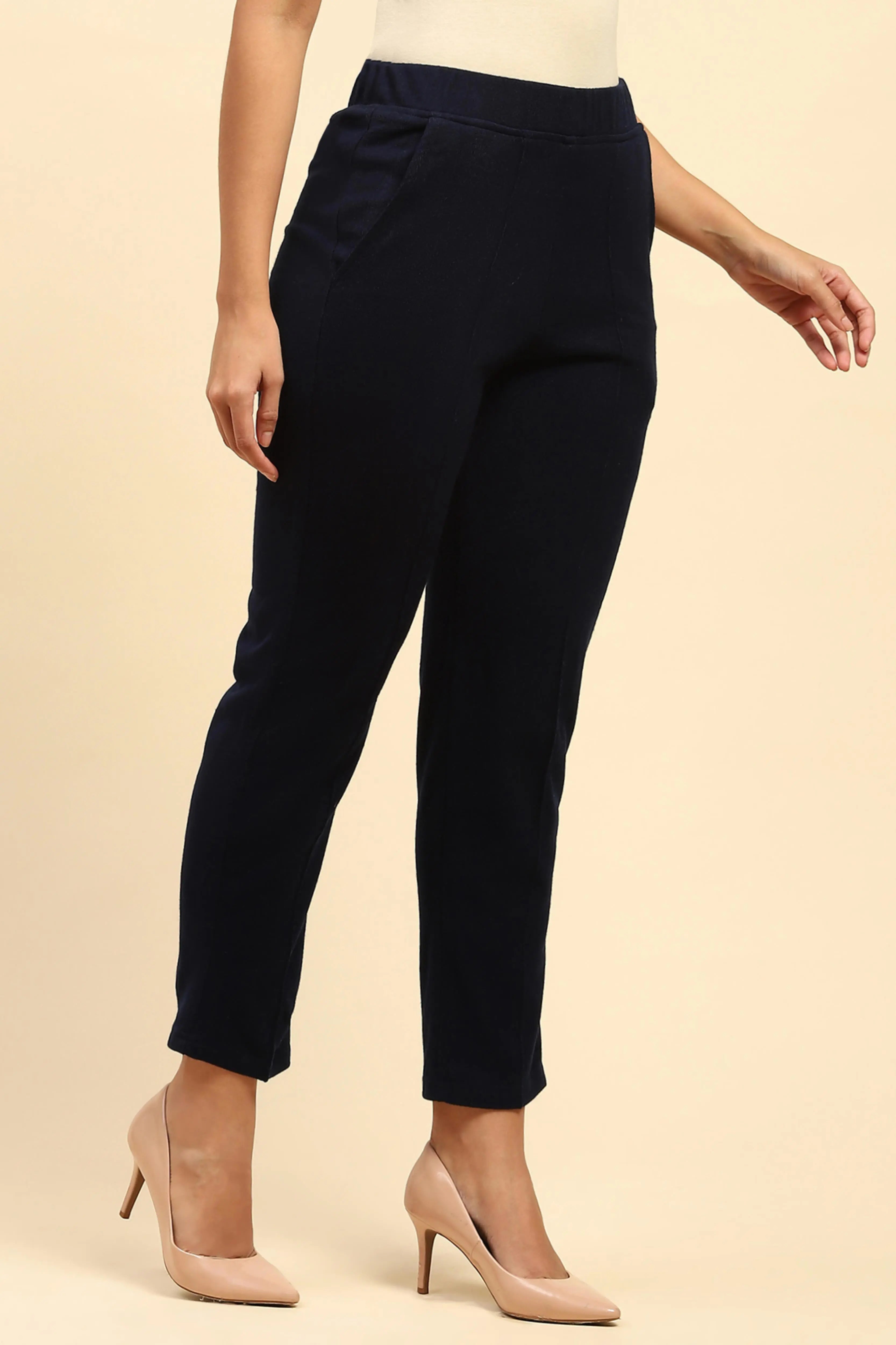 Navy Blue Woolen Solid Pant For Winter - Global Republic