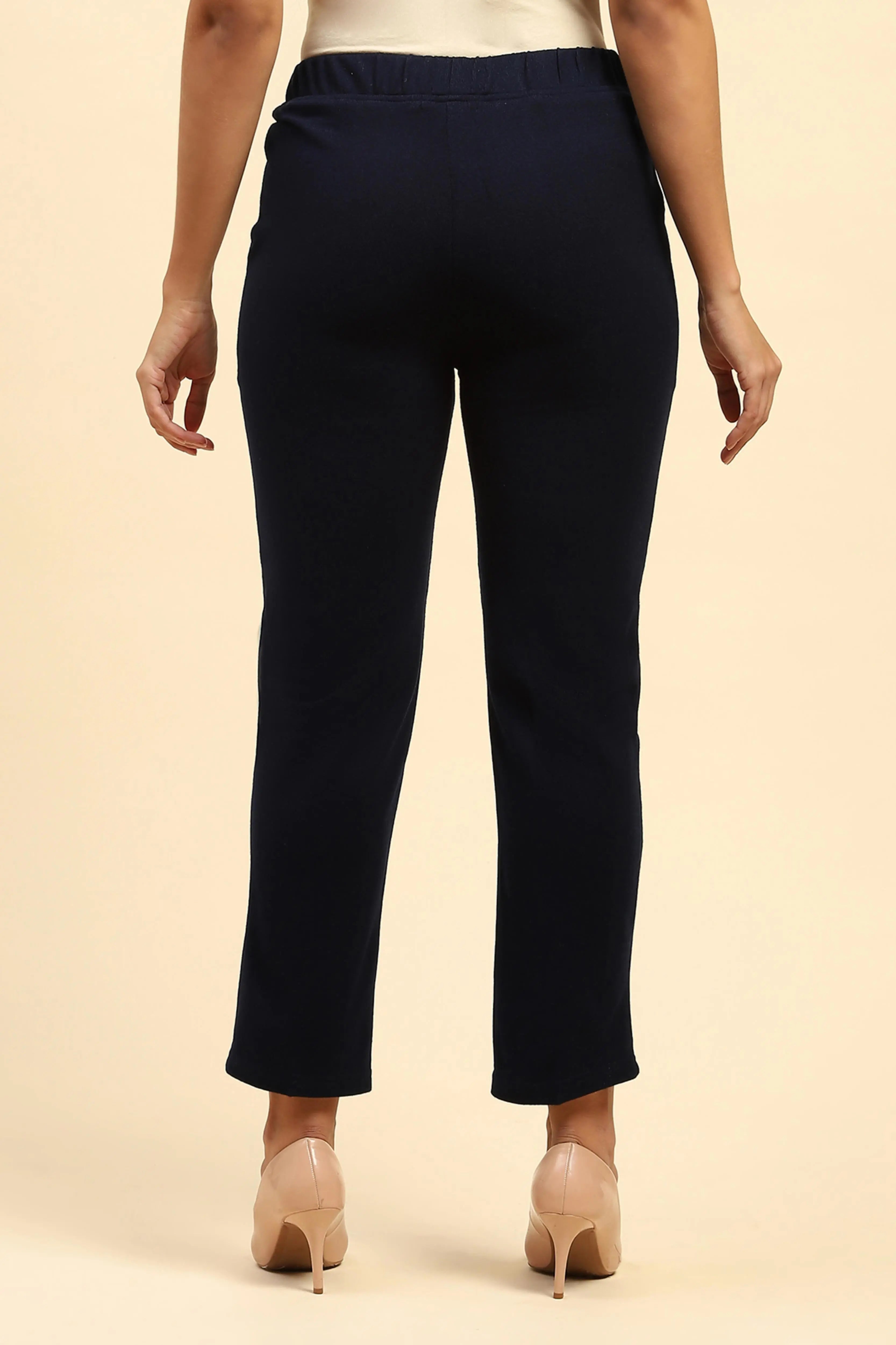 Navy Blue Woolen Solid Pant For Winter - Global Republic