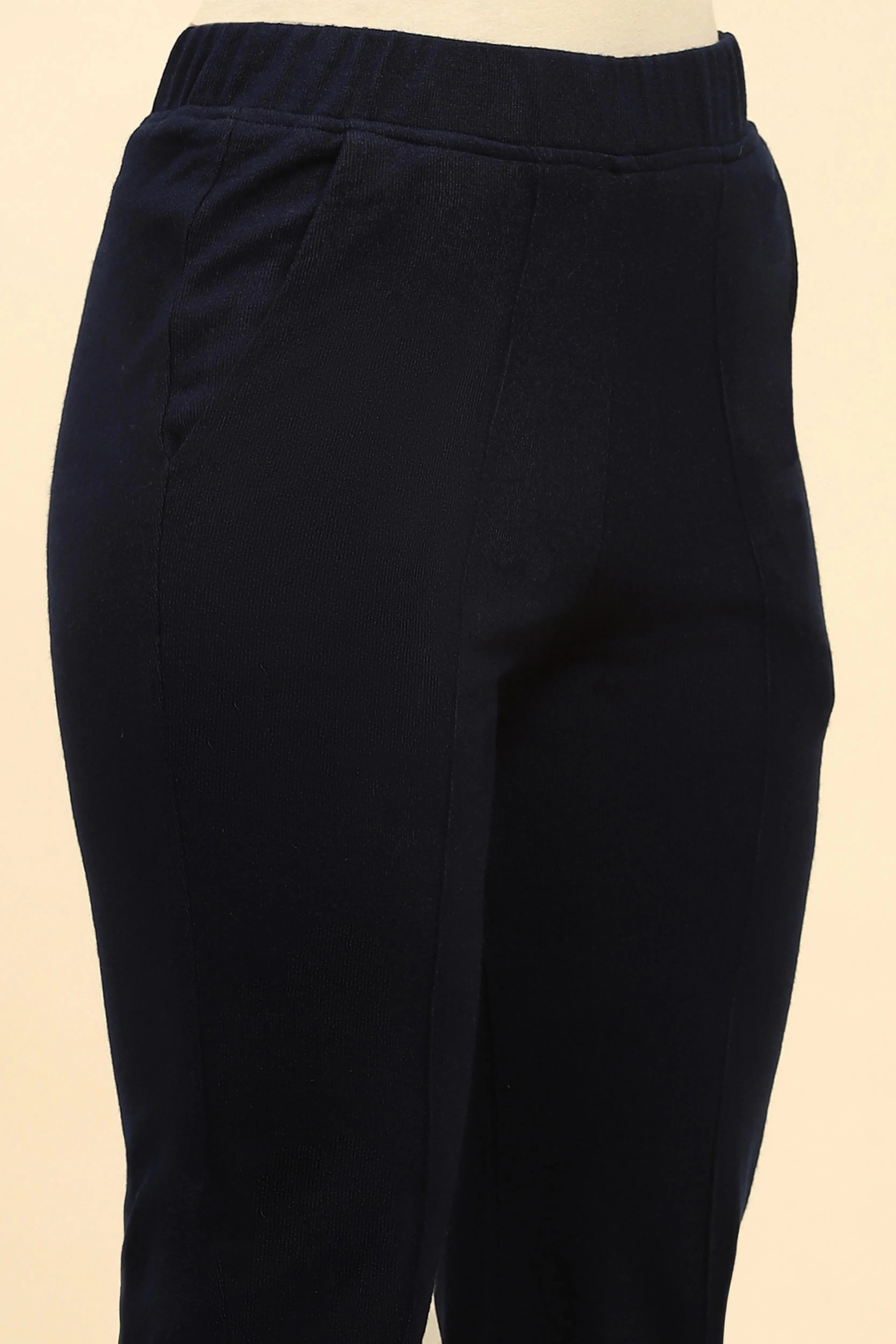 Navy Blue Woolen Solid Pant For Winter - Global Republic