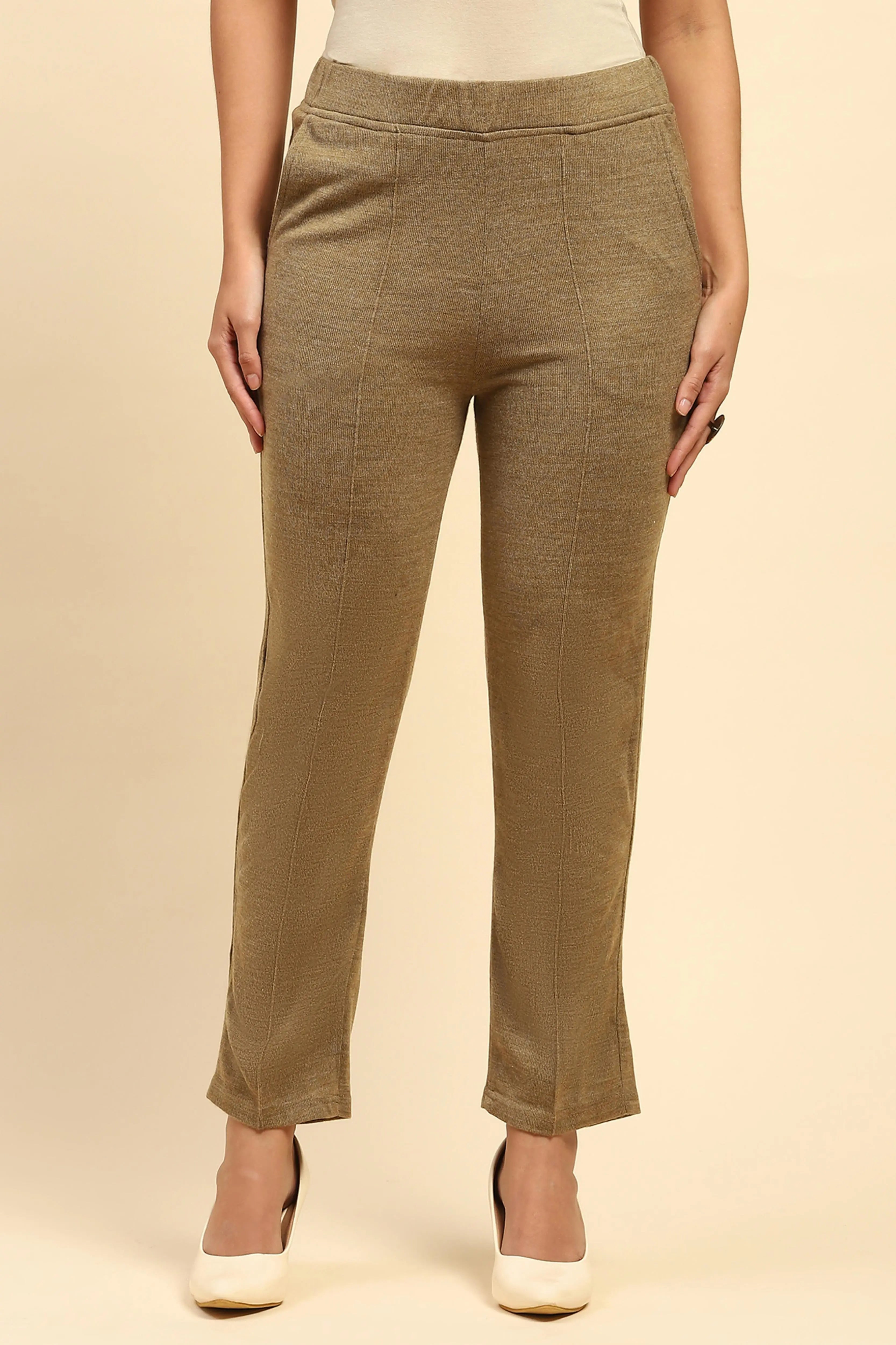 Beige Woolen Solid Pant For Winter - Global Republic
