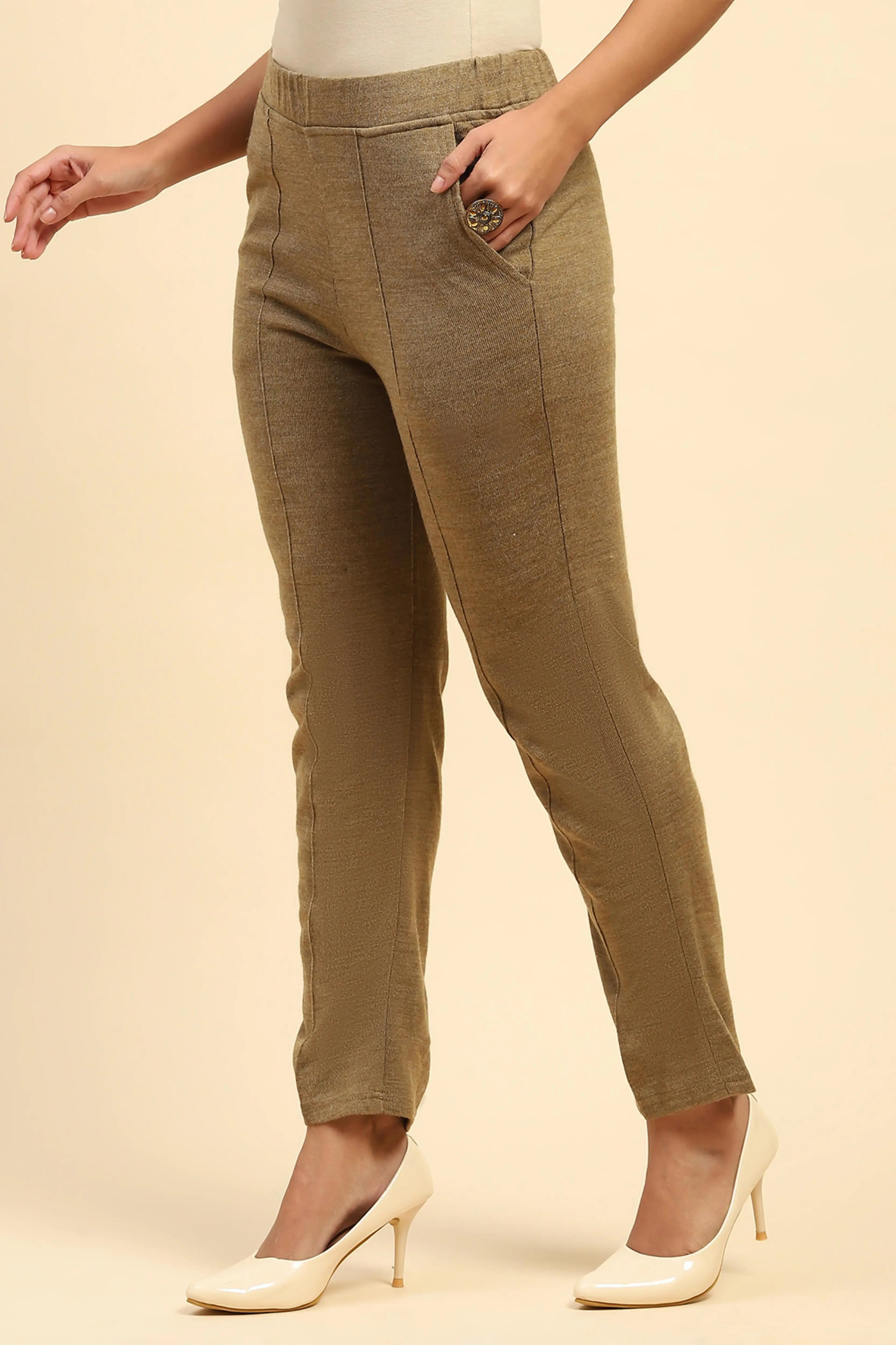 Beige Woolen Solid Pant For Winter - Global Republic