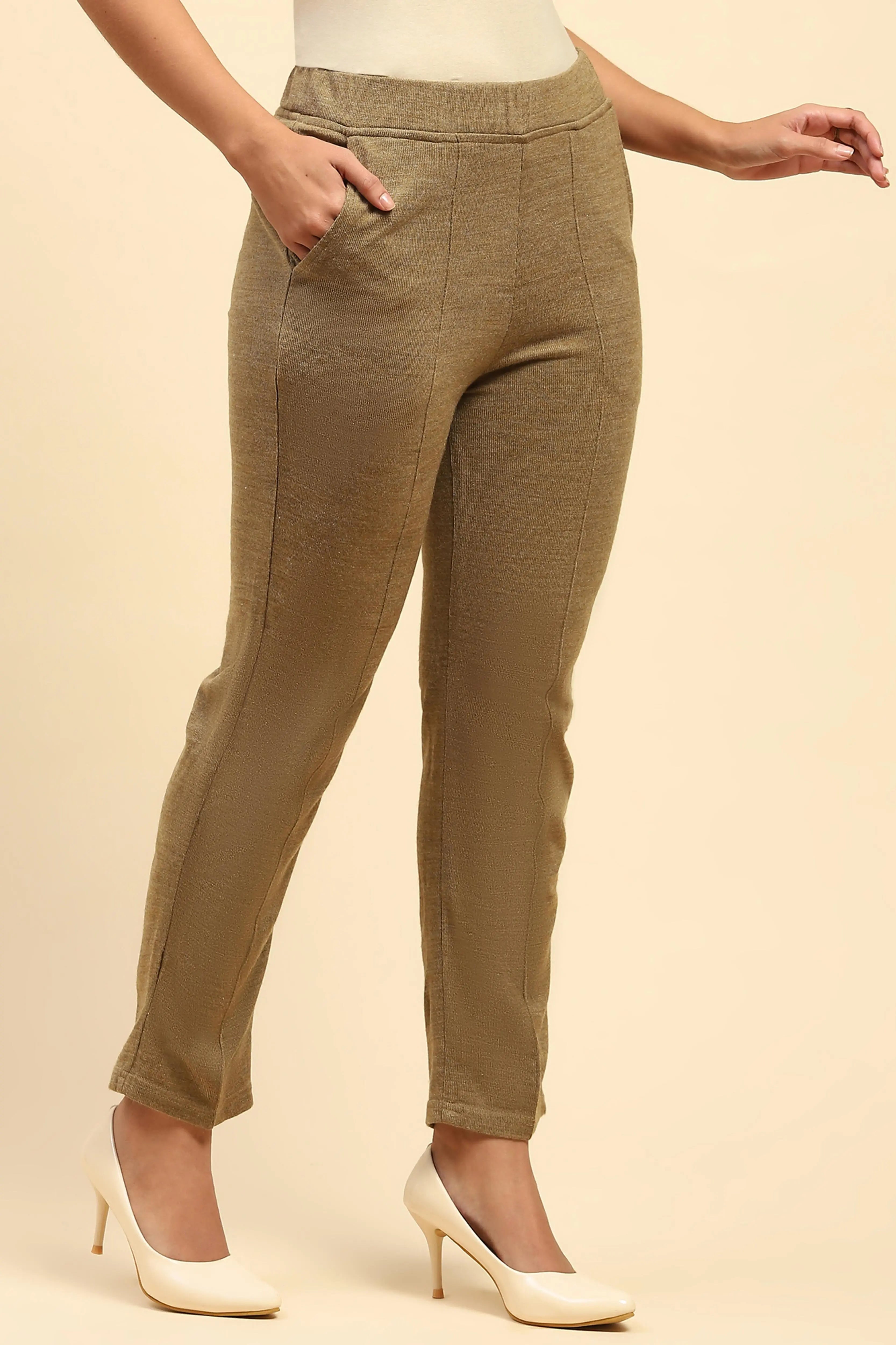Beige Woolen Solid Pant For Winter - Global Republic