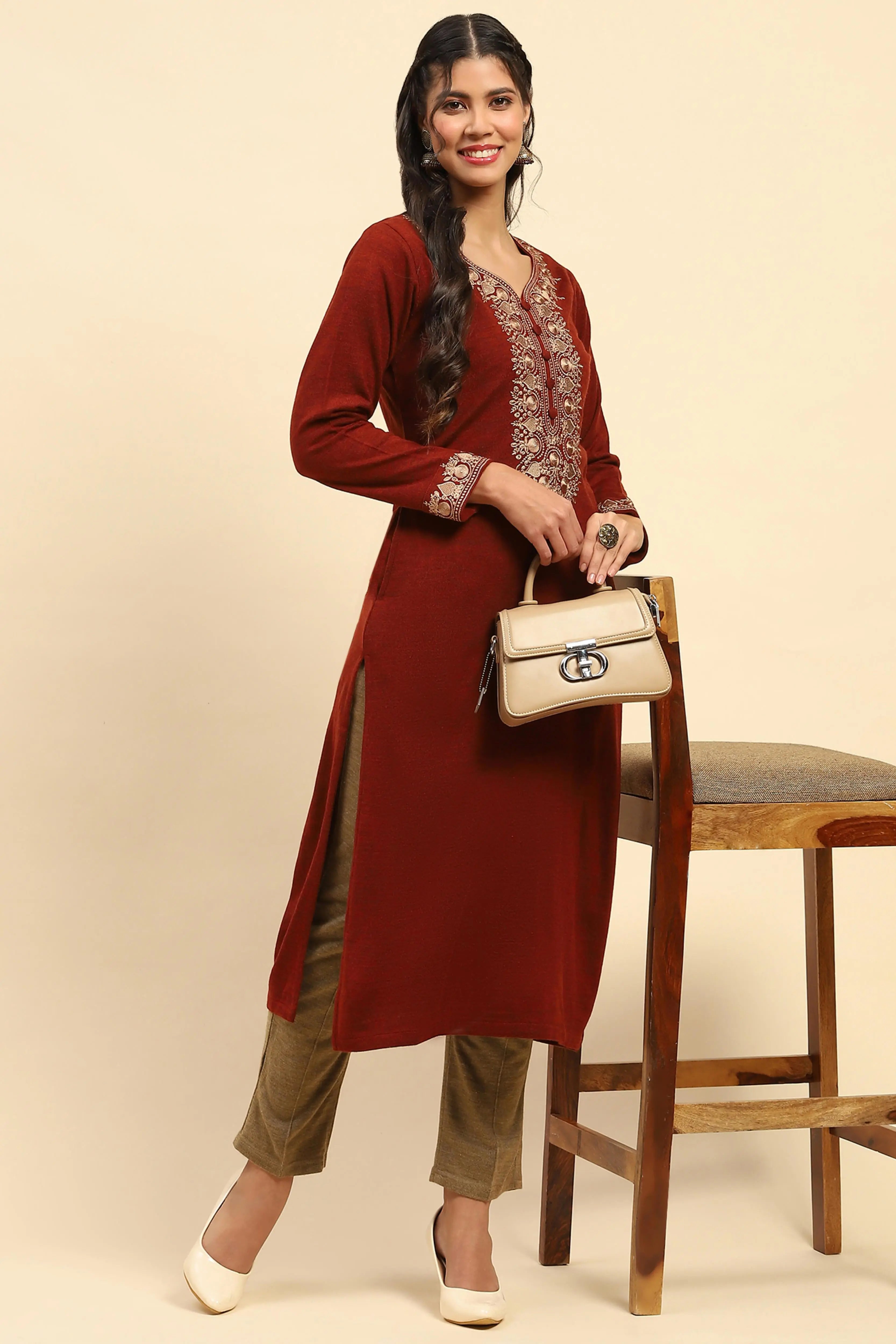 Beige Woolen Solid Pant For Winter - Global Republic