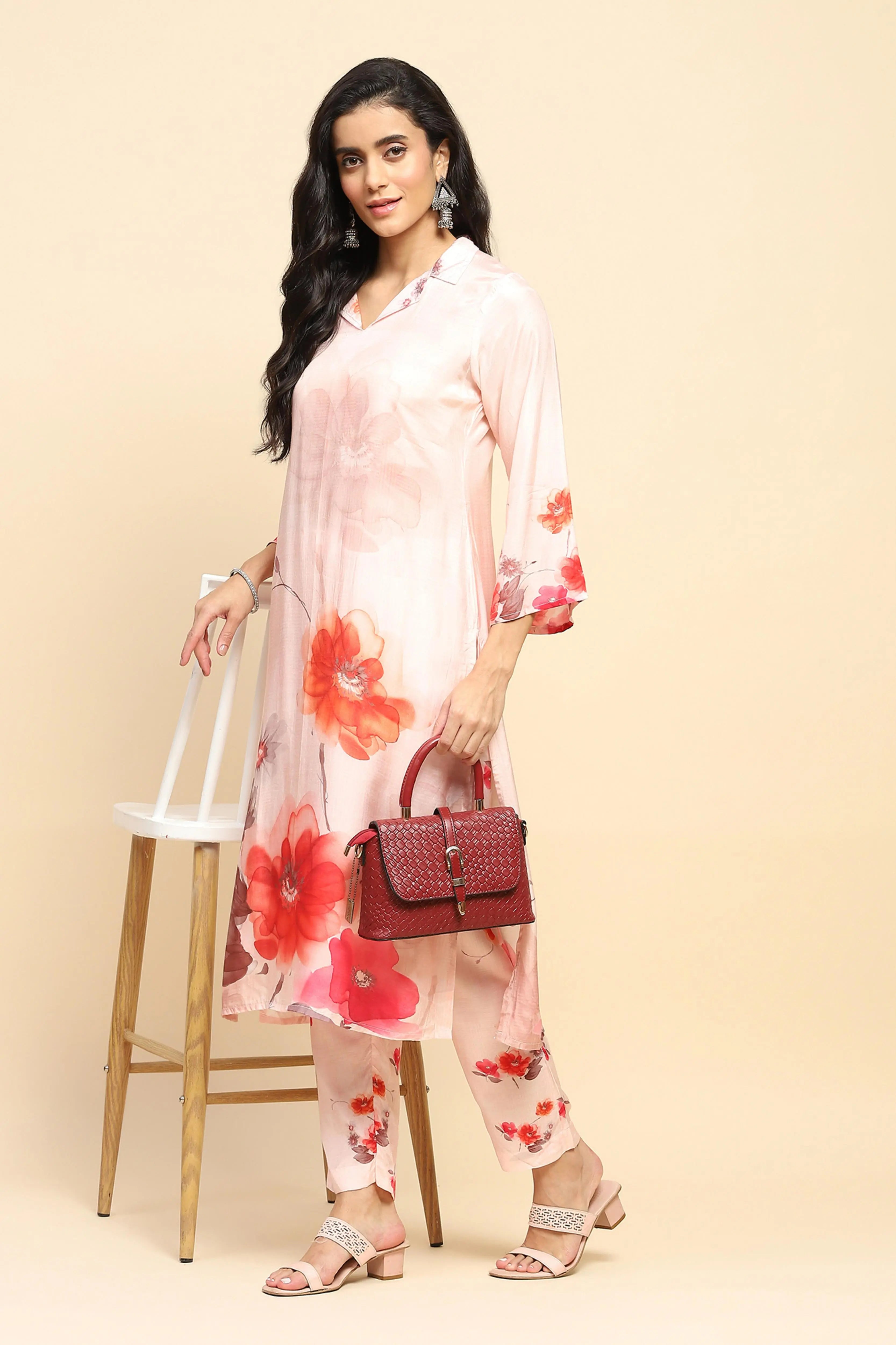 Peach Watercolor Floral Muslin Long Tunic Set - Global Republic