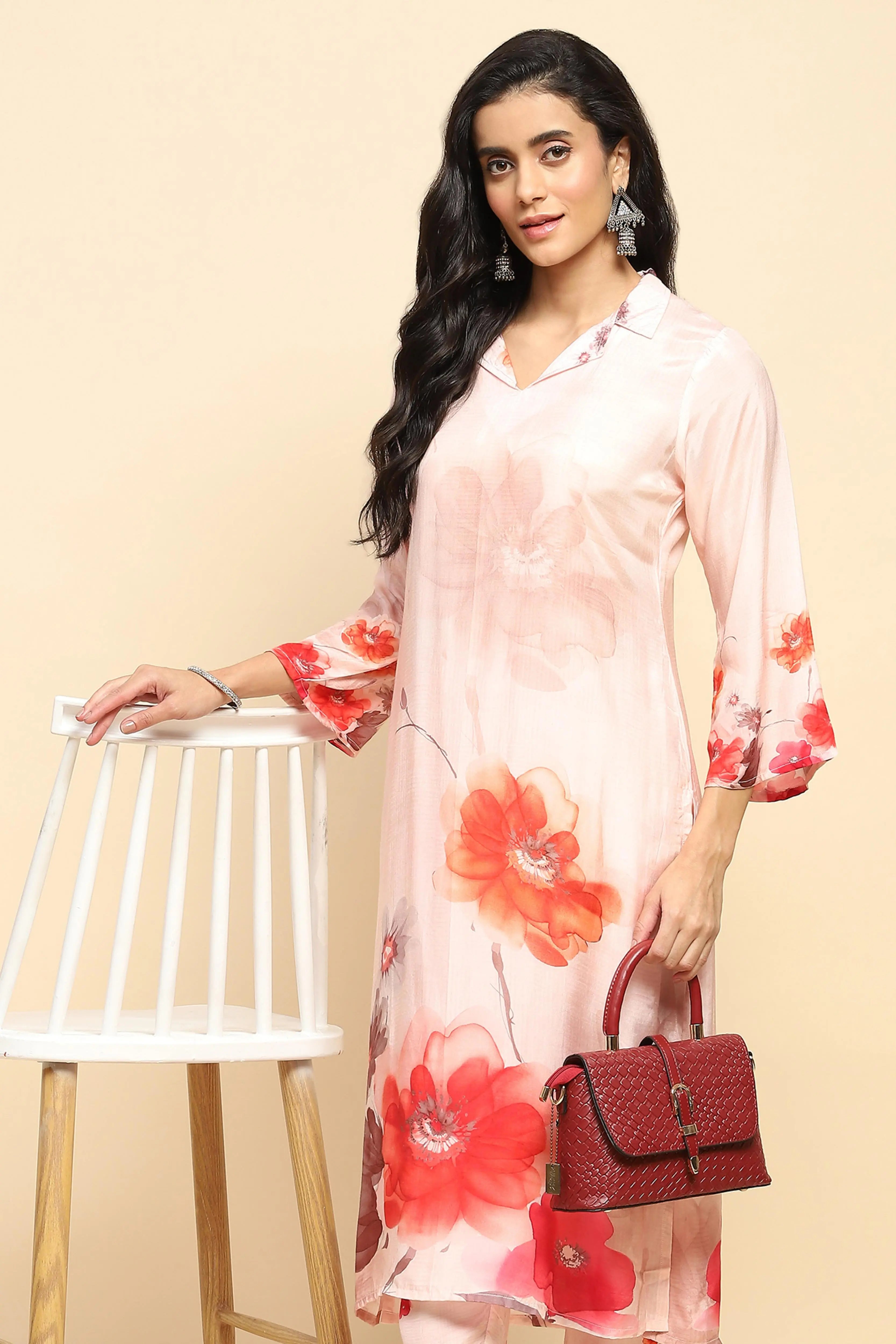 Peach Watercolor Floral Muslin Long Tunic Set - Global Republic