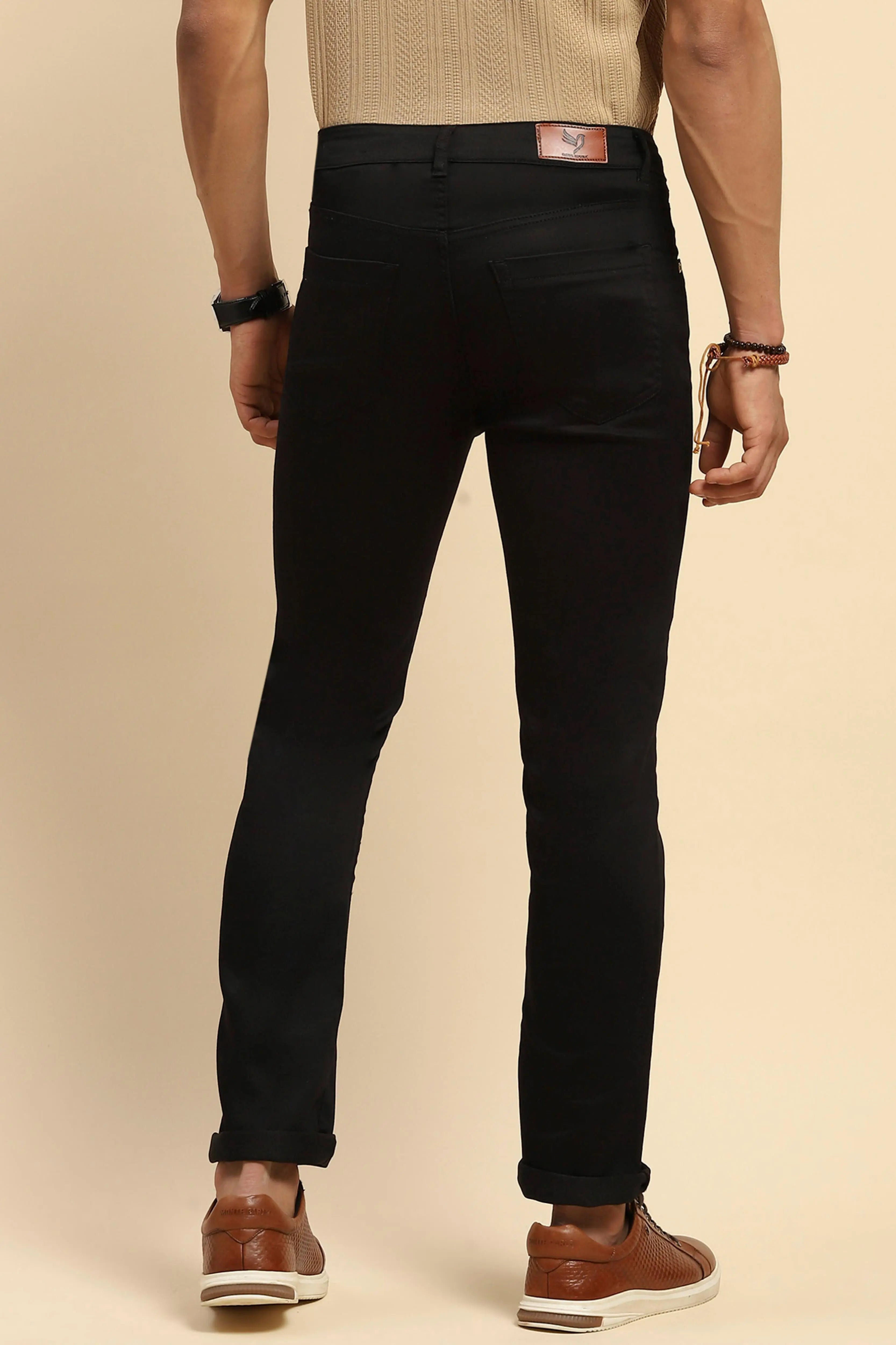 Black Straight Fit Cotton Blend Trouser - Global Republic