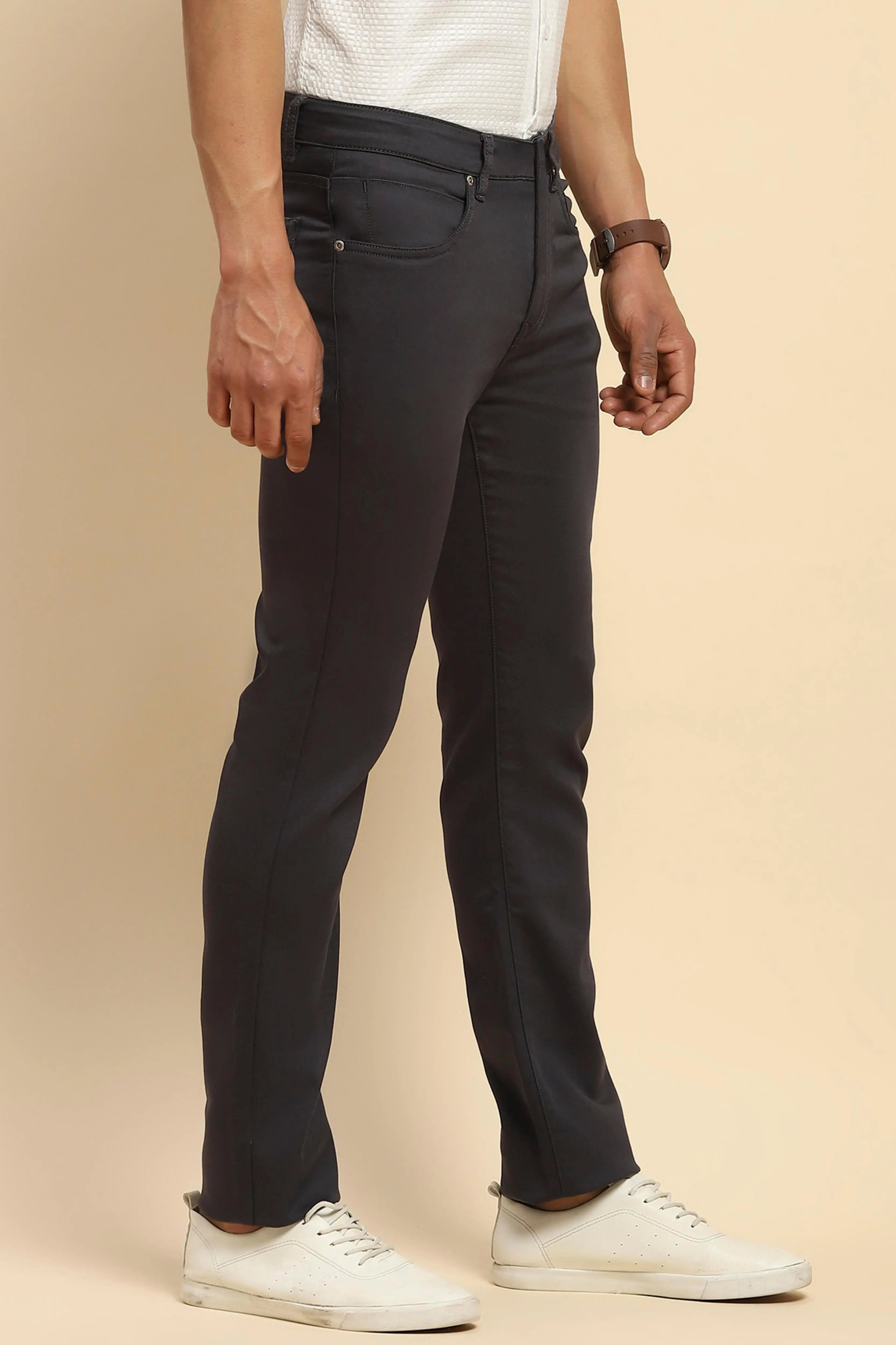 Grey Cotton Blend Straight Fit Trouser - Global Republic