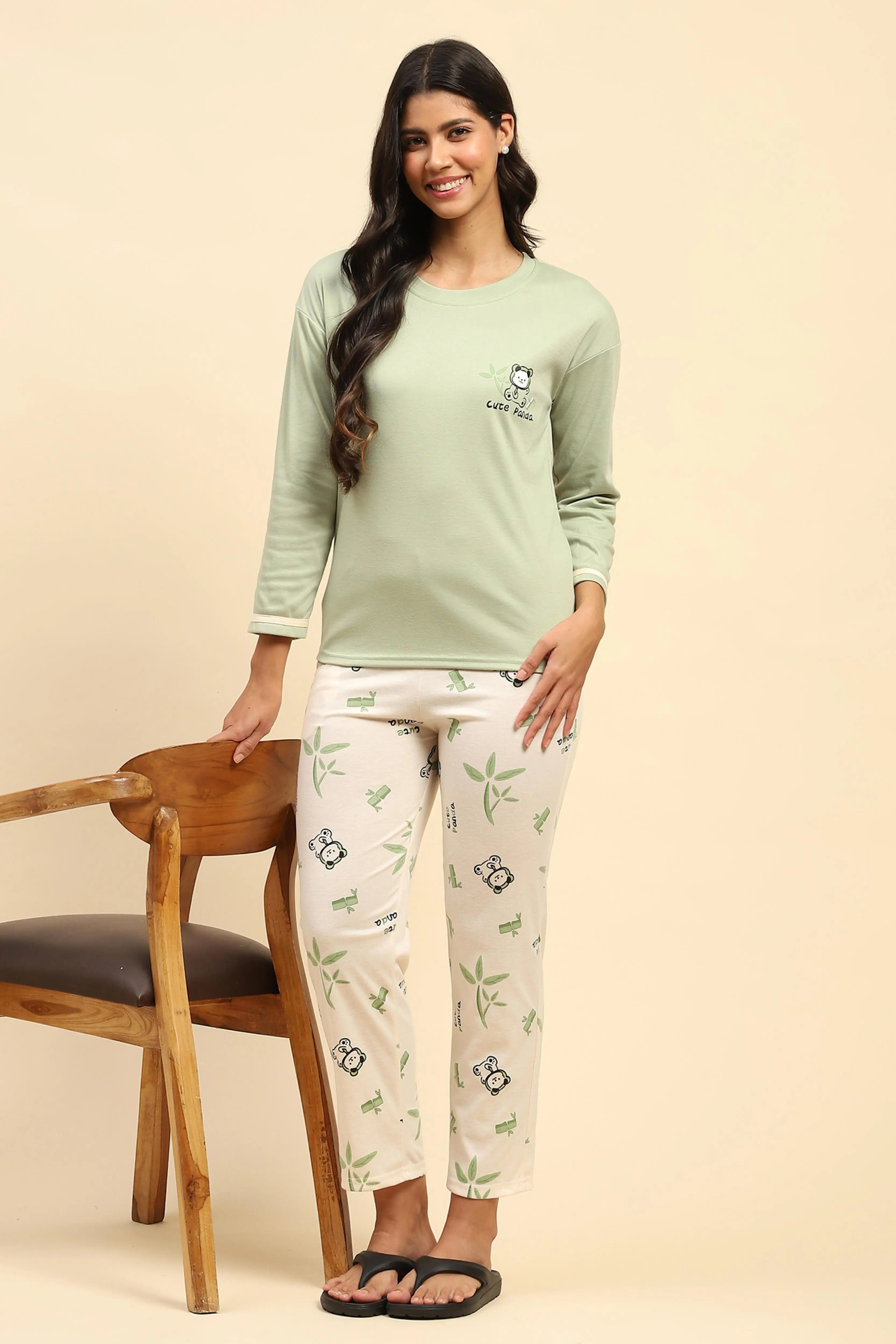 Green Teddy Print Cotton Nightsuit - Global Republic