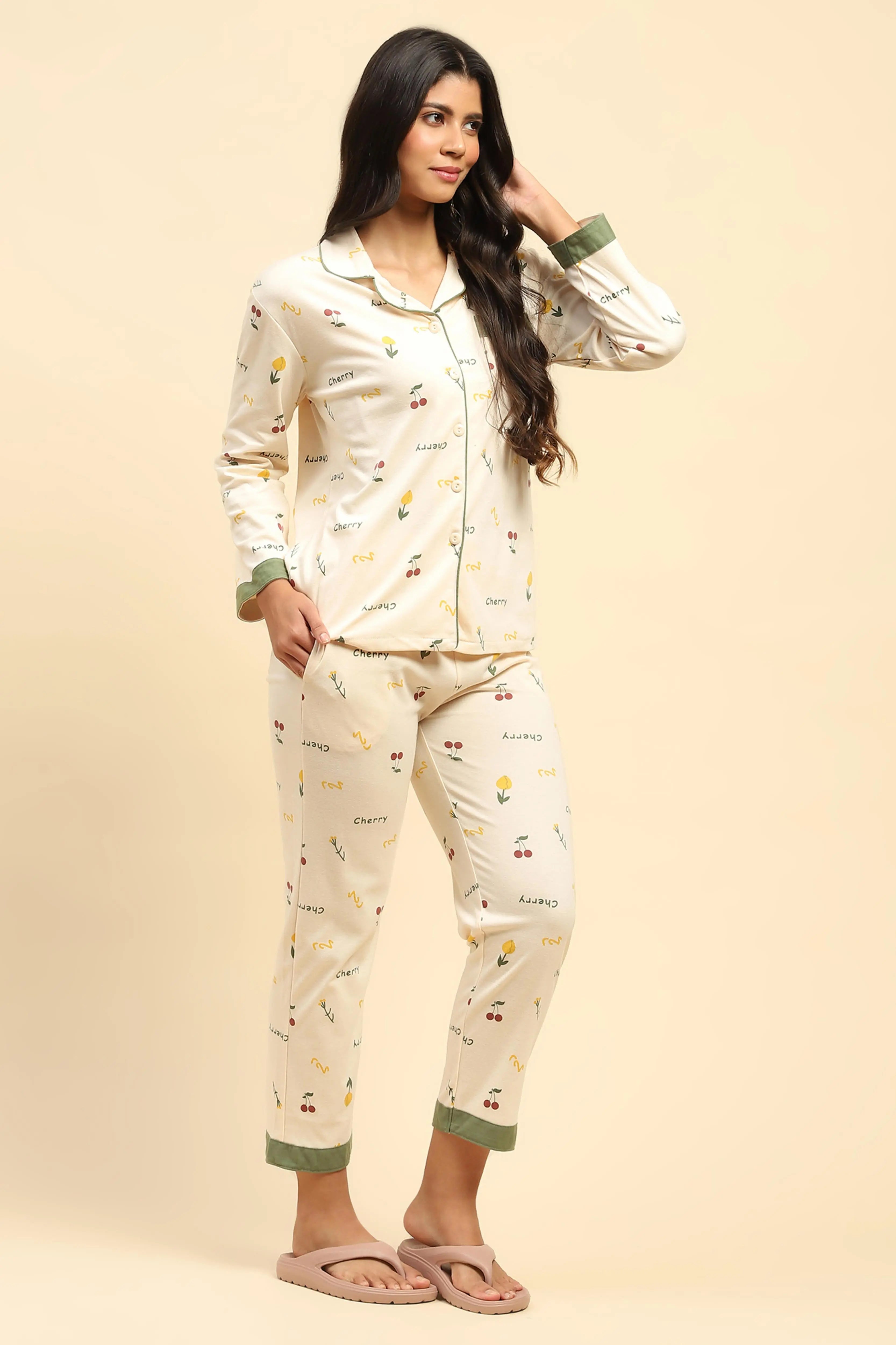 Cream Typography Cotton Blend Nightsuit - Global Republic