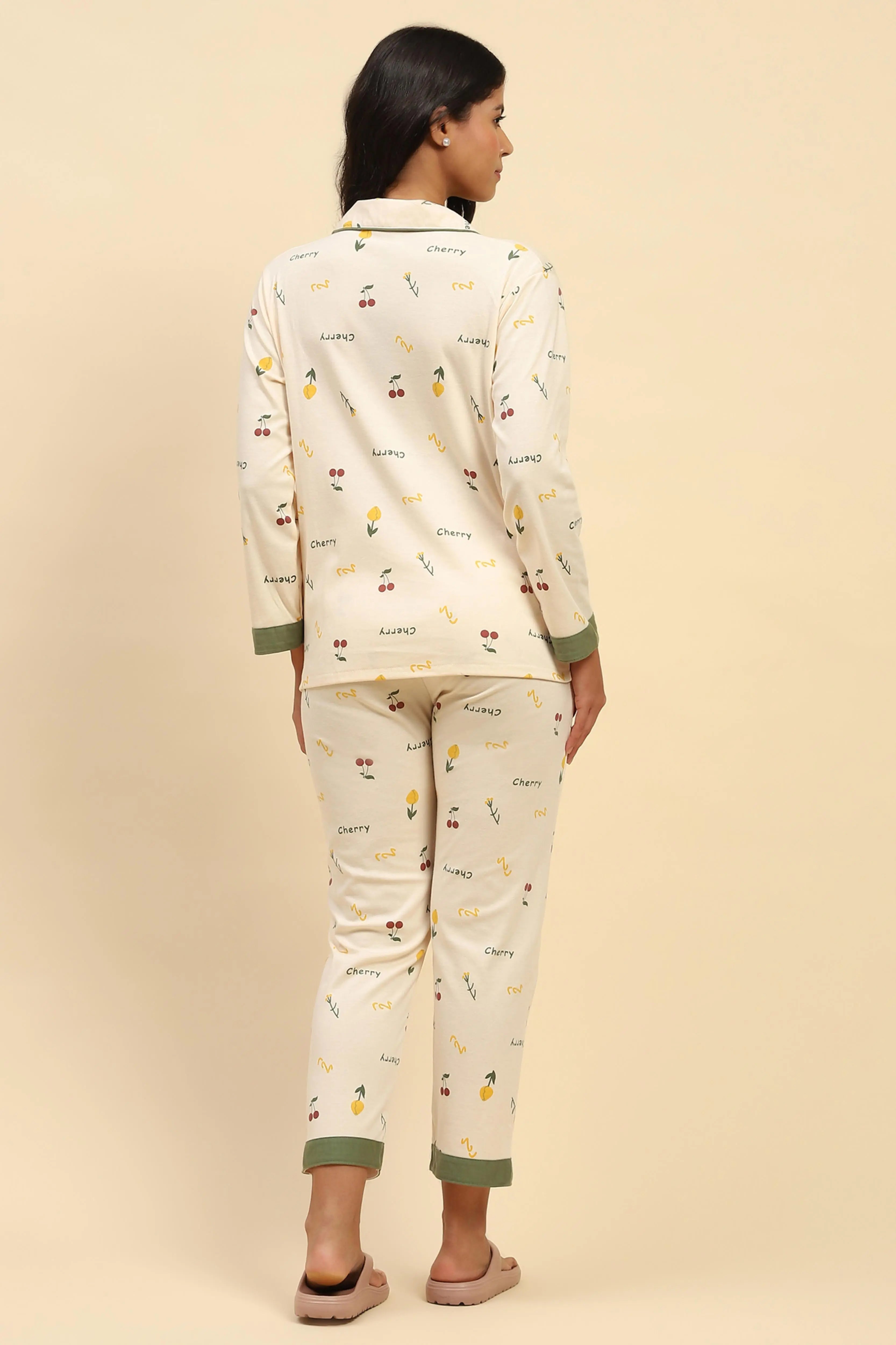 Cream Typography Cotton Blend Nightsuit - Global Republic