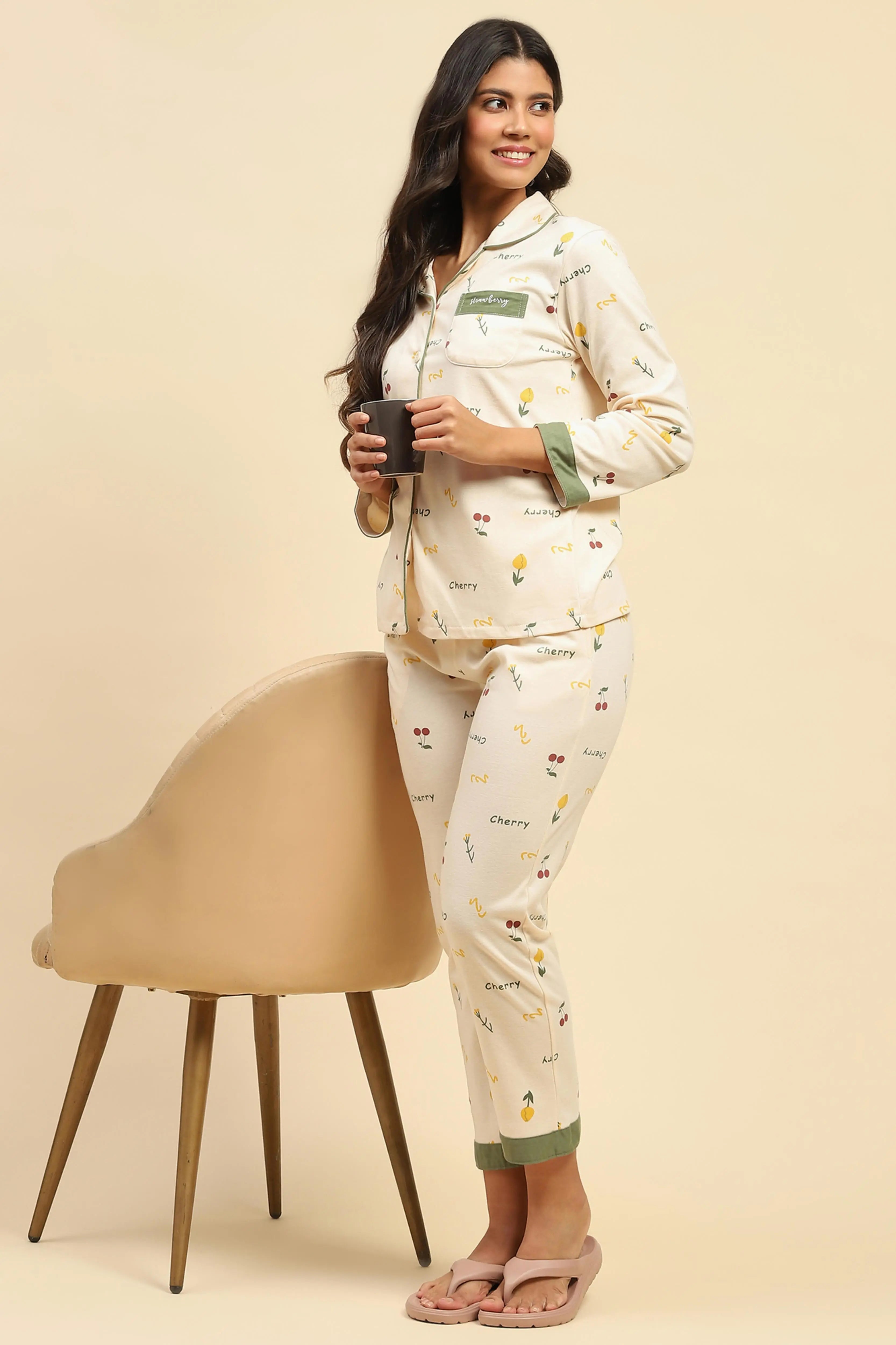 Cream Typography Cotton Blend Nightsuit - Global Republic