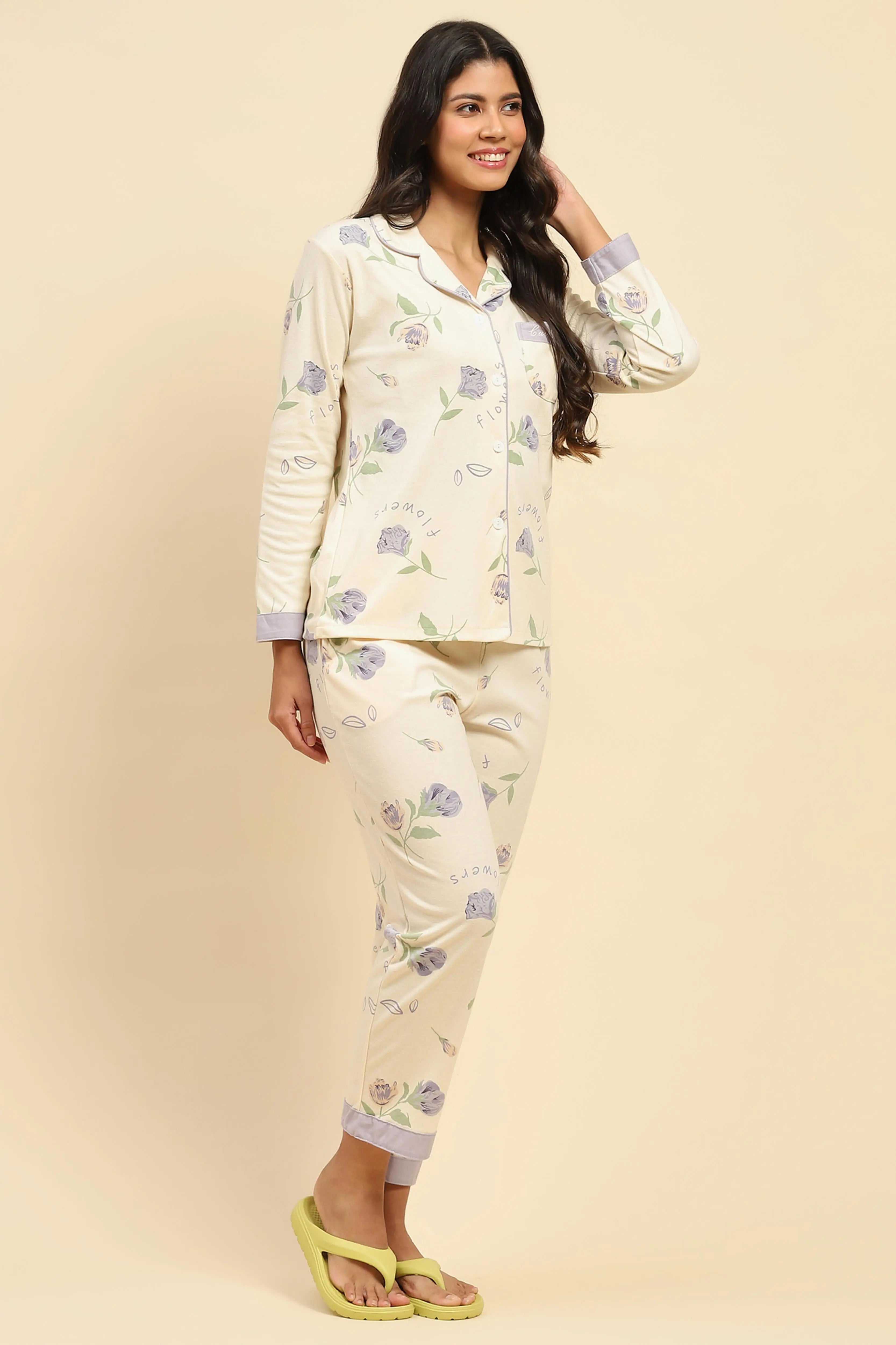 Cream Floral Cotton Blend Nightsuit - Global Republic
