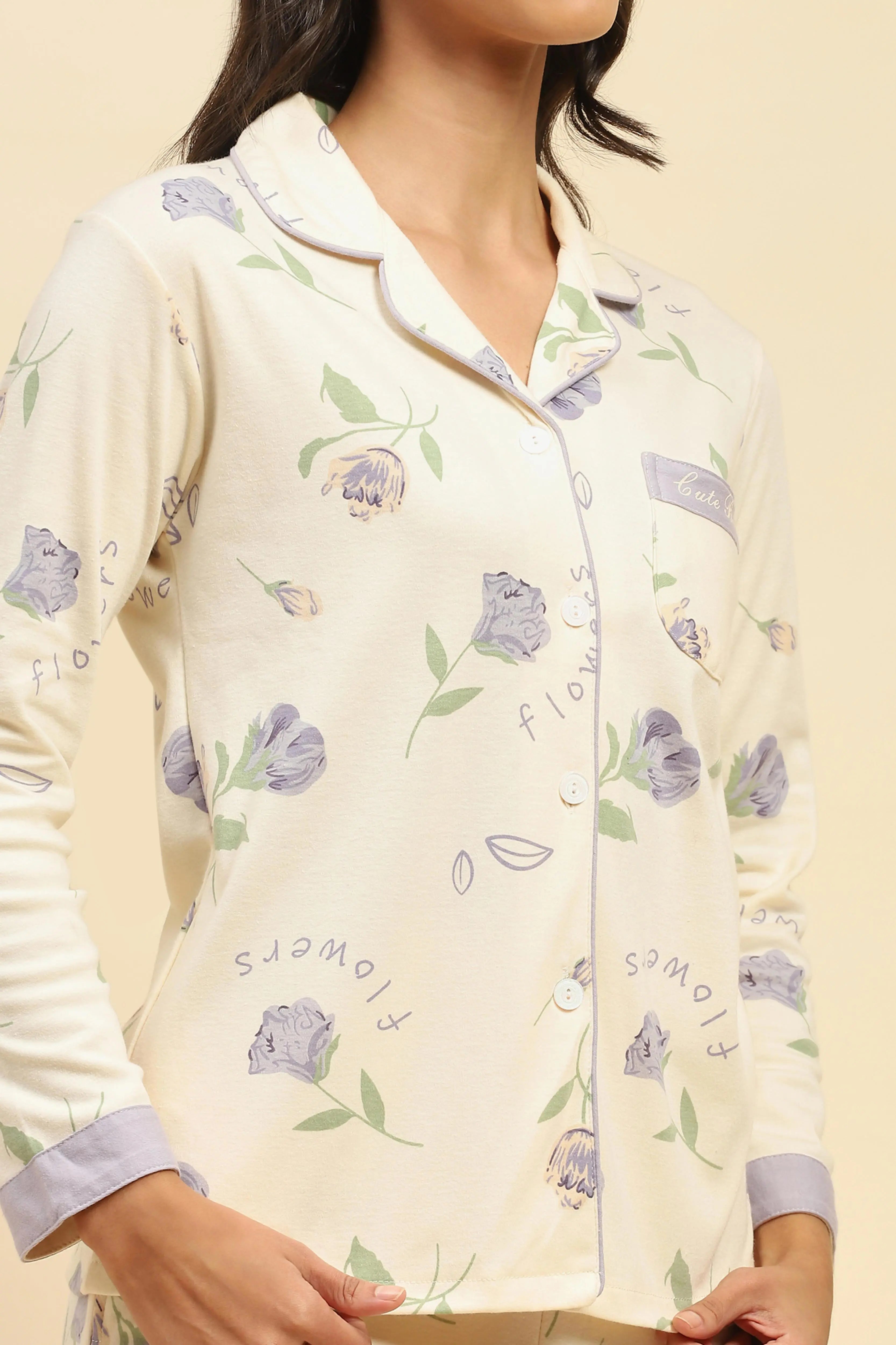 Cream Floral Cotton Blend Nightsuit - Global Republic