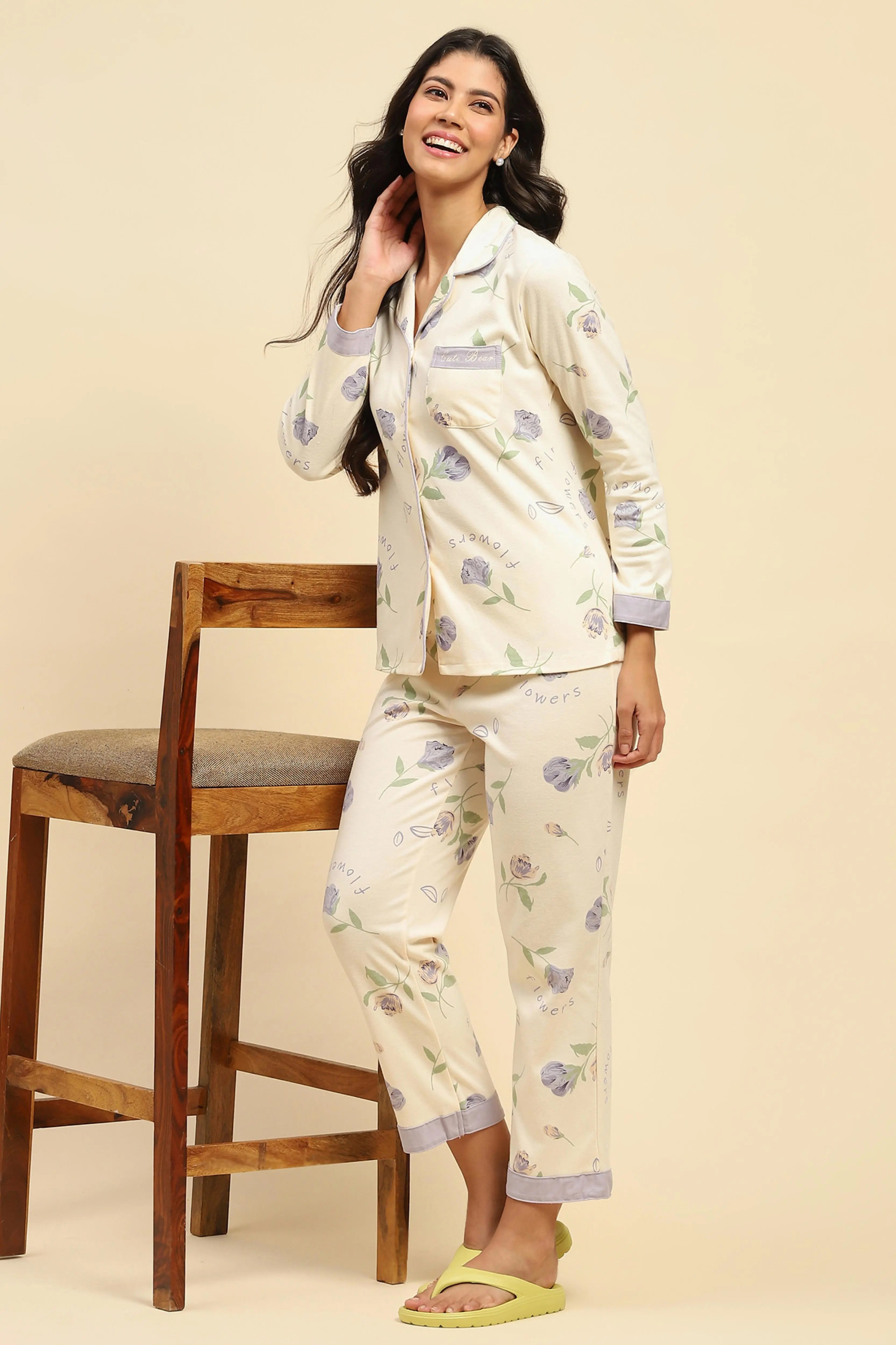 Cream Floral Cotton Blend Nightsuit - Global Republic
