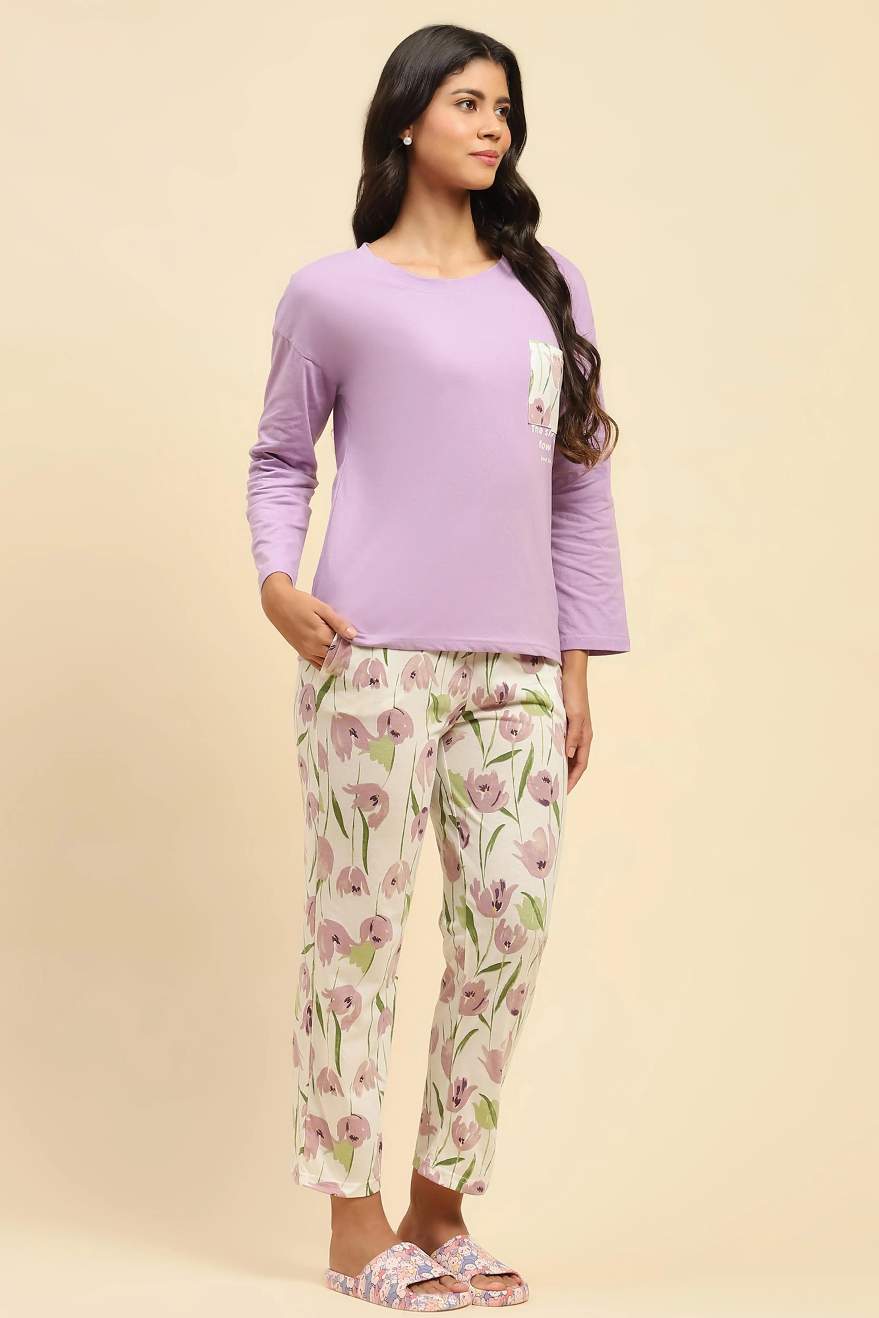 Lavender Floral Cotton Nightsuit - Global Republic