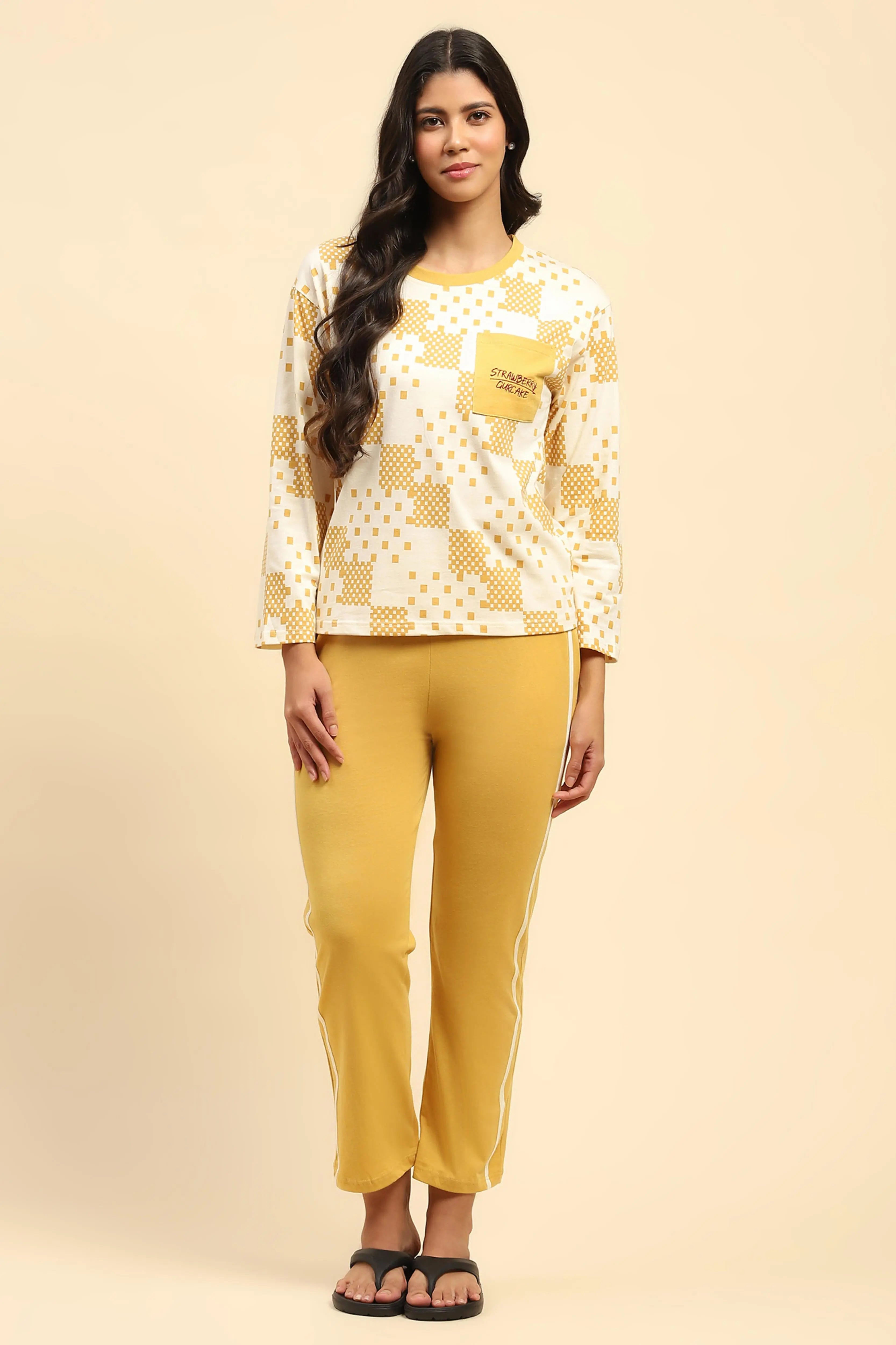 Mustard Geometric Print Cotton Nightsuit - Global Republic