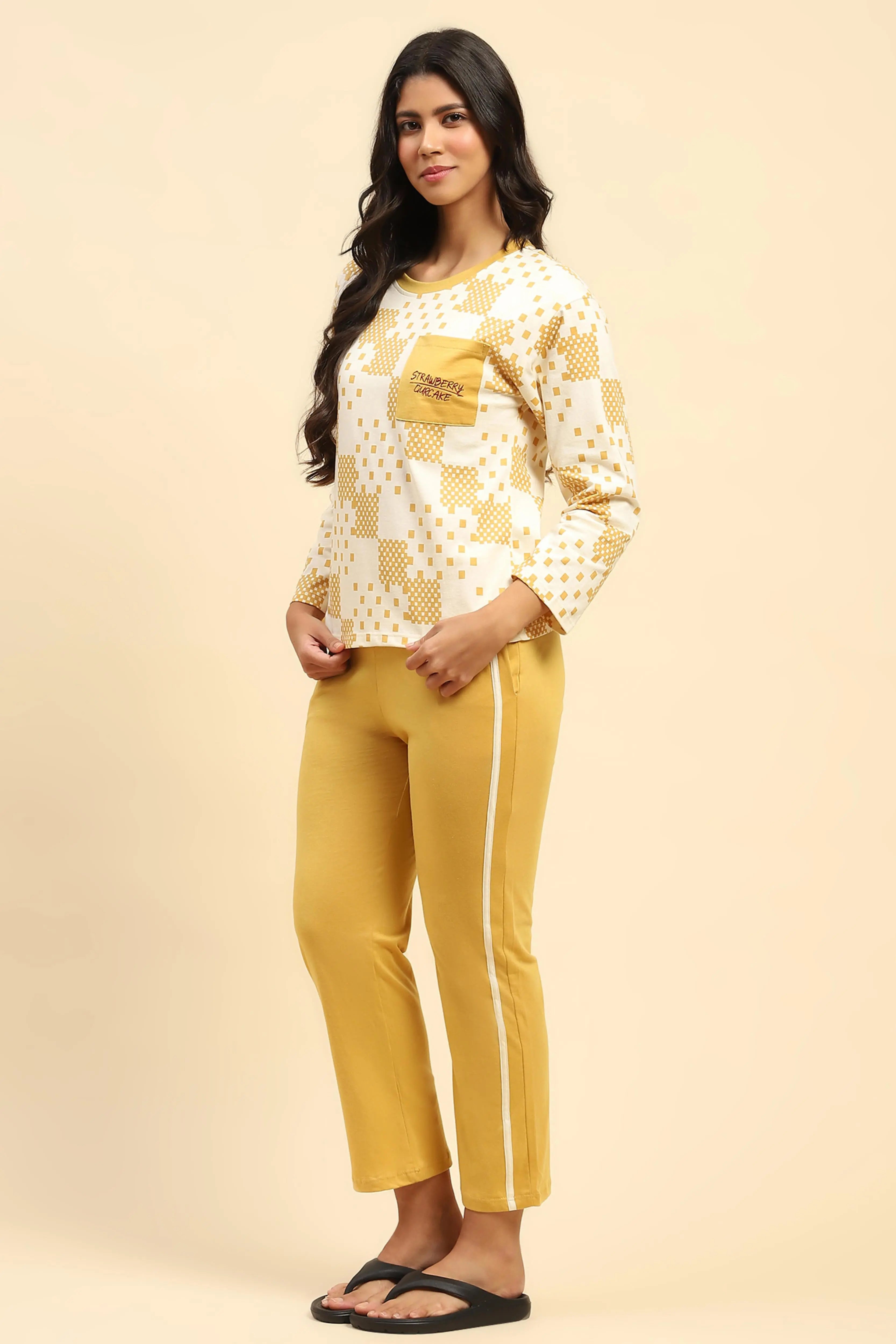 Mustard Geometric Print Cotton Nightsuit - Global Republic
