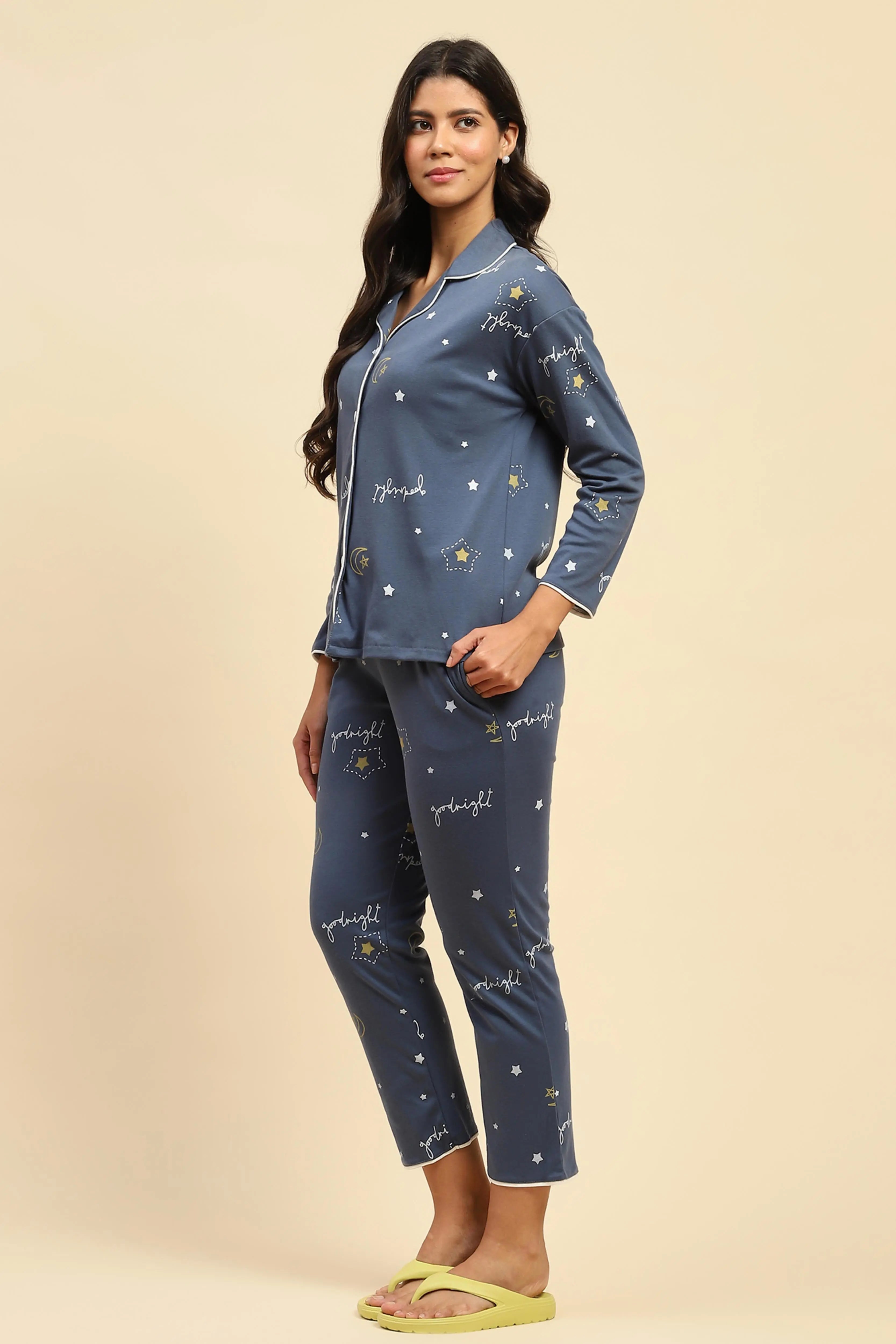 Blue Printed Cotton Blend Nightsuit - Global Republic