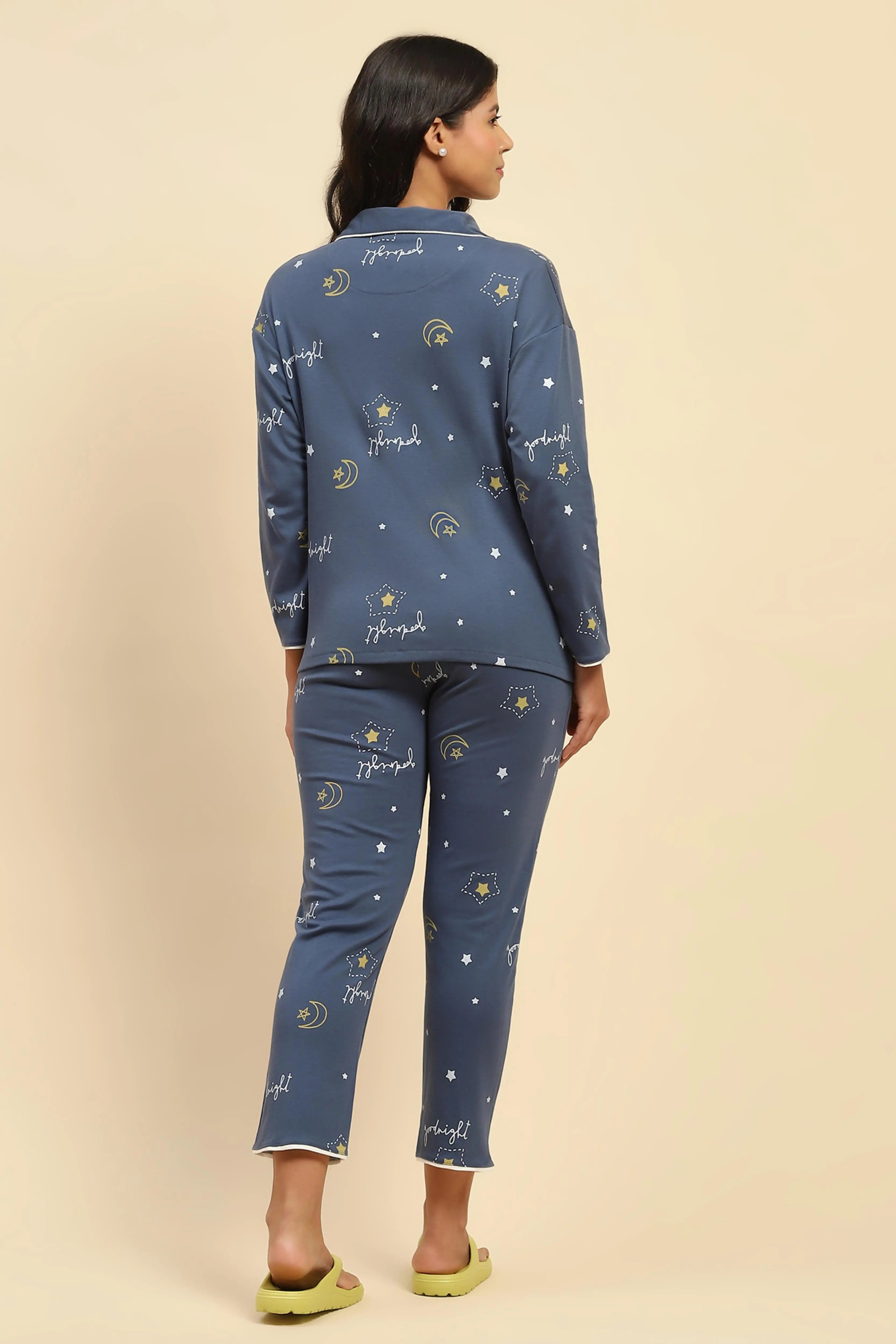 Blue Printed Cotton Blend Nightsuit - Global Republic