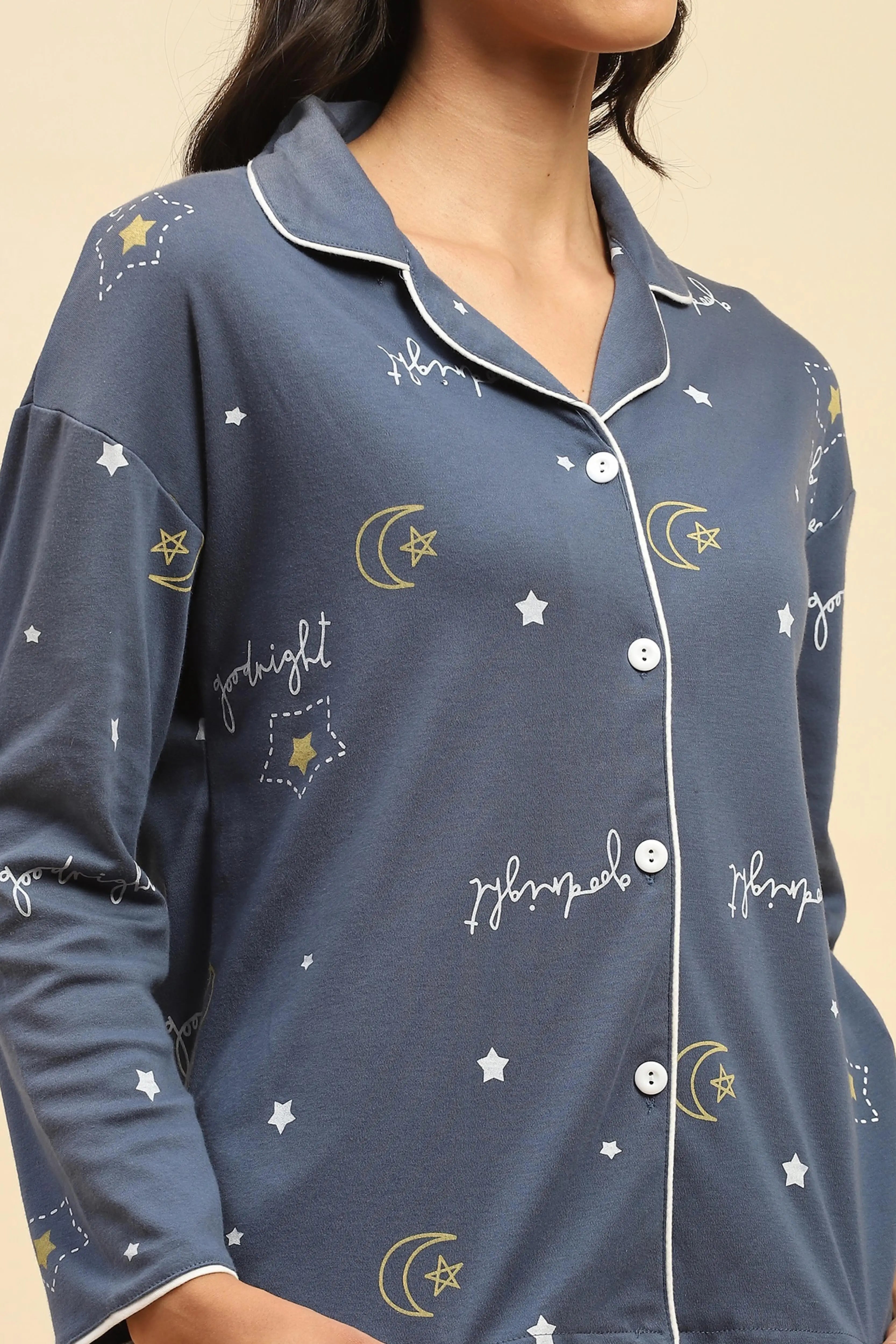 Blue Printed Cotton Blend Nightsuit - Global Republic