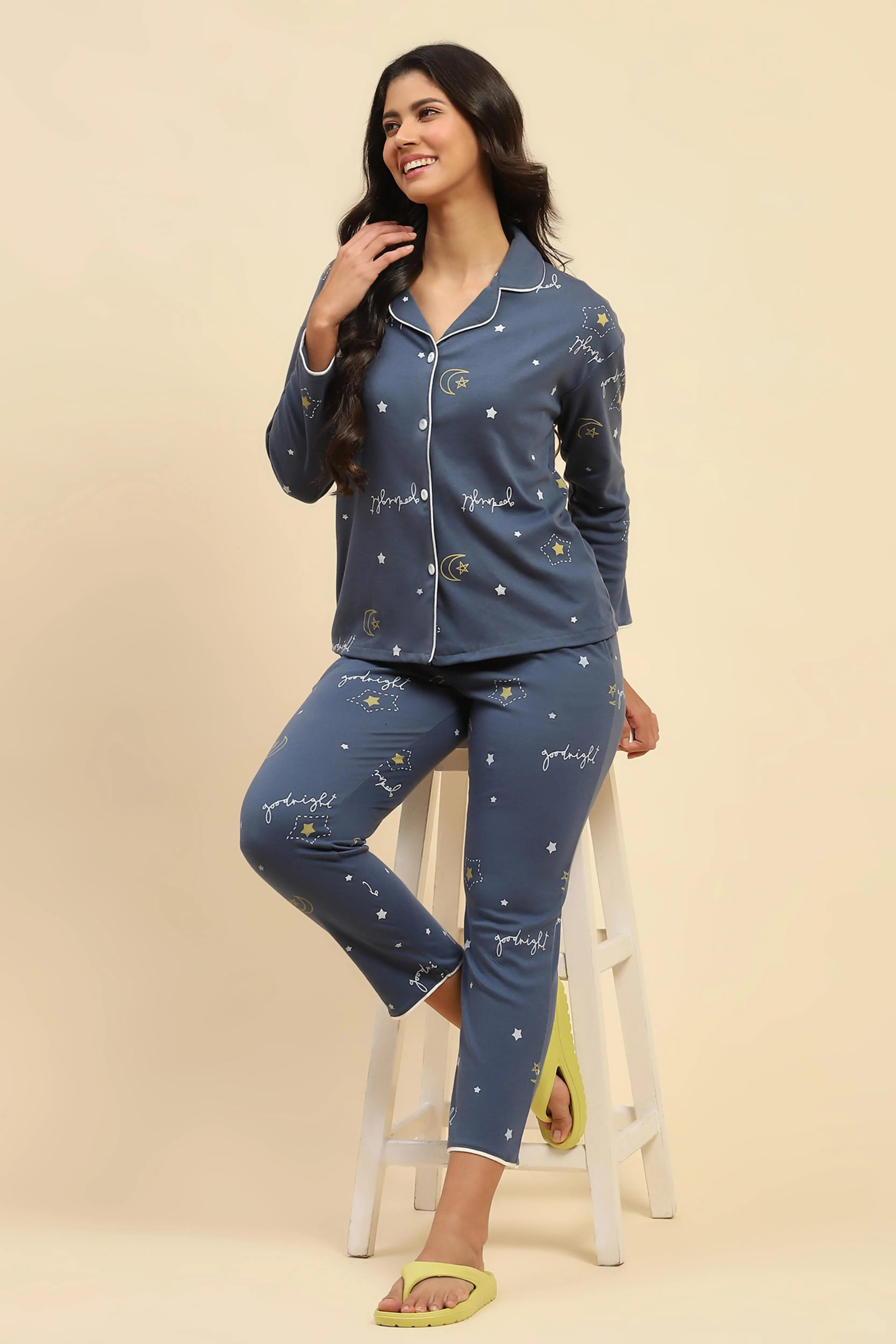 Blue Printed Cotton Blend Nightsuit - Global Republic