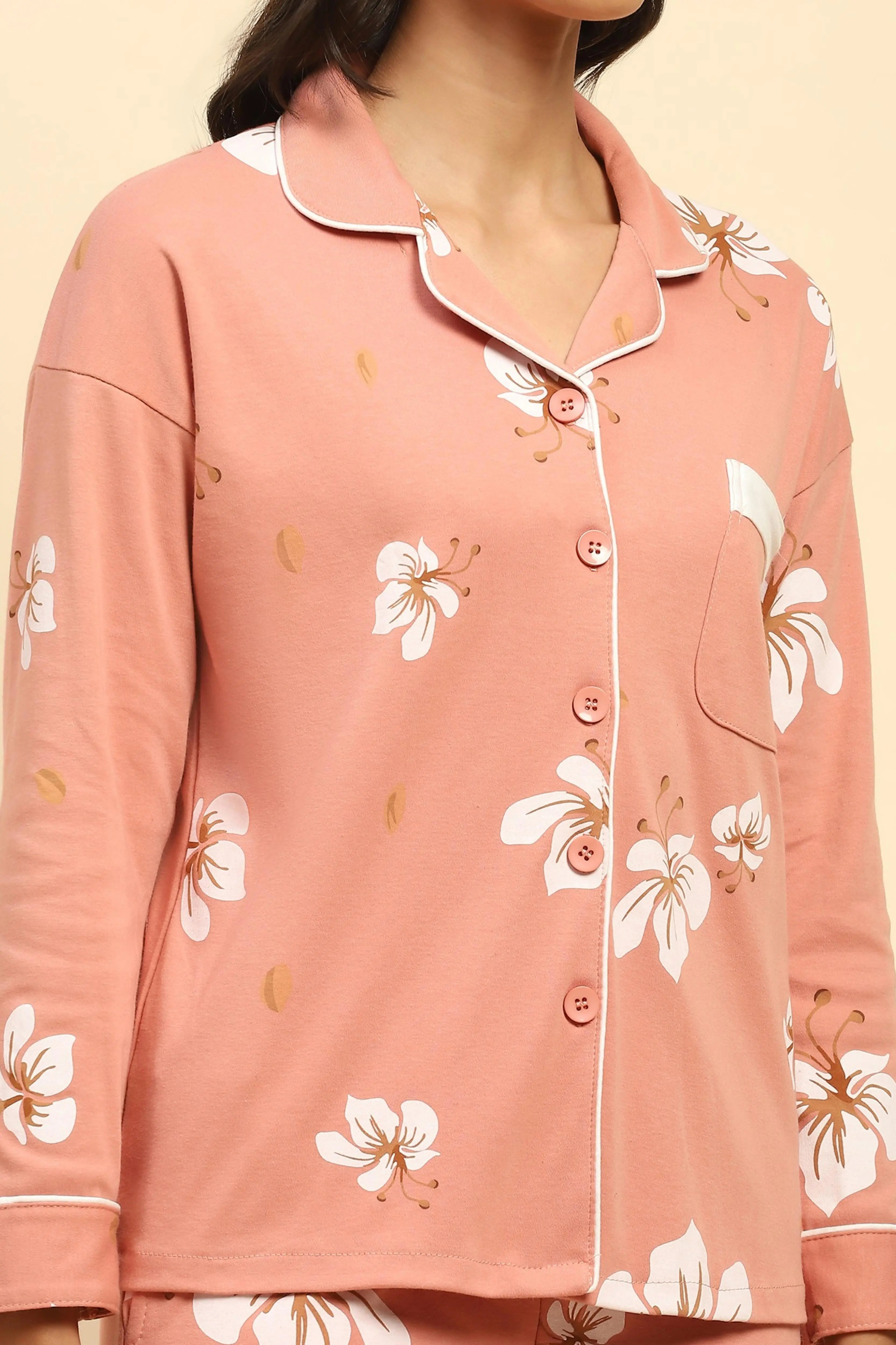 Coral Floral Cotton Blend Nightsuit - Global Republic